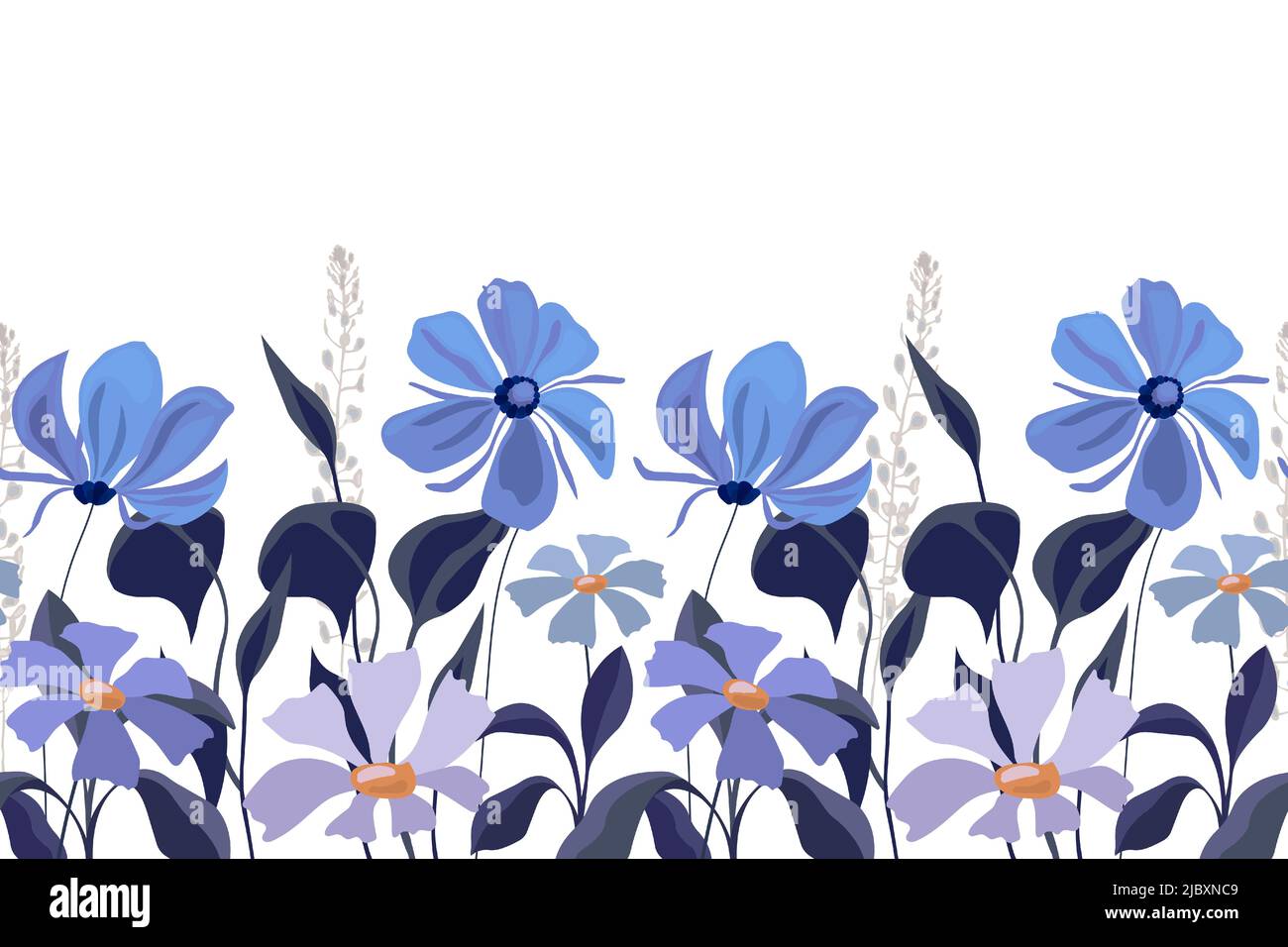 Vektor florales Nahtloses Muster, Rand. Horizontale Panoramabild mit blauen Blumen isoliert auf weißem Hintergrund. Stock Vektor