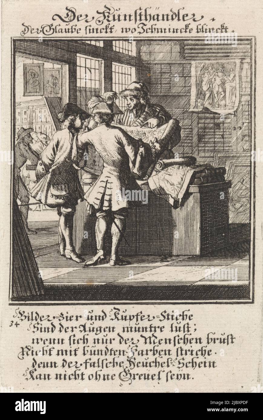 Druck links des Verses nummeriert 34., Kunsthändler der Kunsthändler , Druckerei: Caspar Luyken, anonym, 1711, Papier, Radierung, H 131 mm × B 87 mm Stockfoto