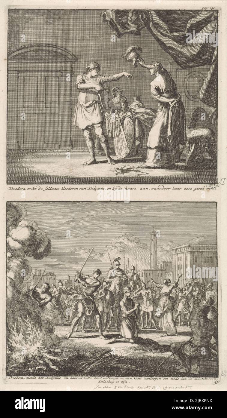 Zwei Darstellungen auf einer Platte. Oben: Der heilige Theodora zieht die Soldaten von Didymus an. So entkam sie aus einem Bordell, in dem sie eingesperrt war. Unten: Didymus ist mit verbundenen Augen auf den Knien und wird vom Henker mit einem Schwert geköpft. Die heilige Theodora stoppt die Hinrichtung und fordert, zusammen mit Didymus hingerichtet zu werden., die heilige Theodora wird von Didymus befreit und das Martyrium der heiligen Theodora und Didymus Theodora legt Didymus' Soldatenroben an, und hy hers / Theodora kommt zur Verfügung, um mit Didijmus, der Märtyrerkrone, zu teilen. Jan Luyken, (erwähnt auf Objekt Stockfoto
