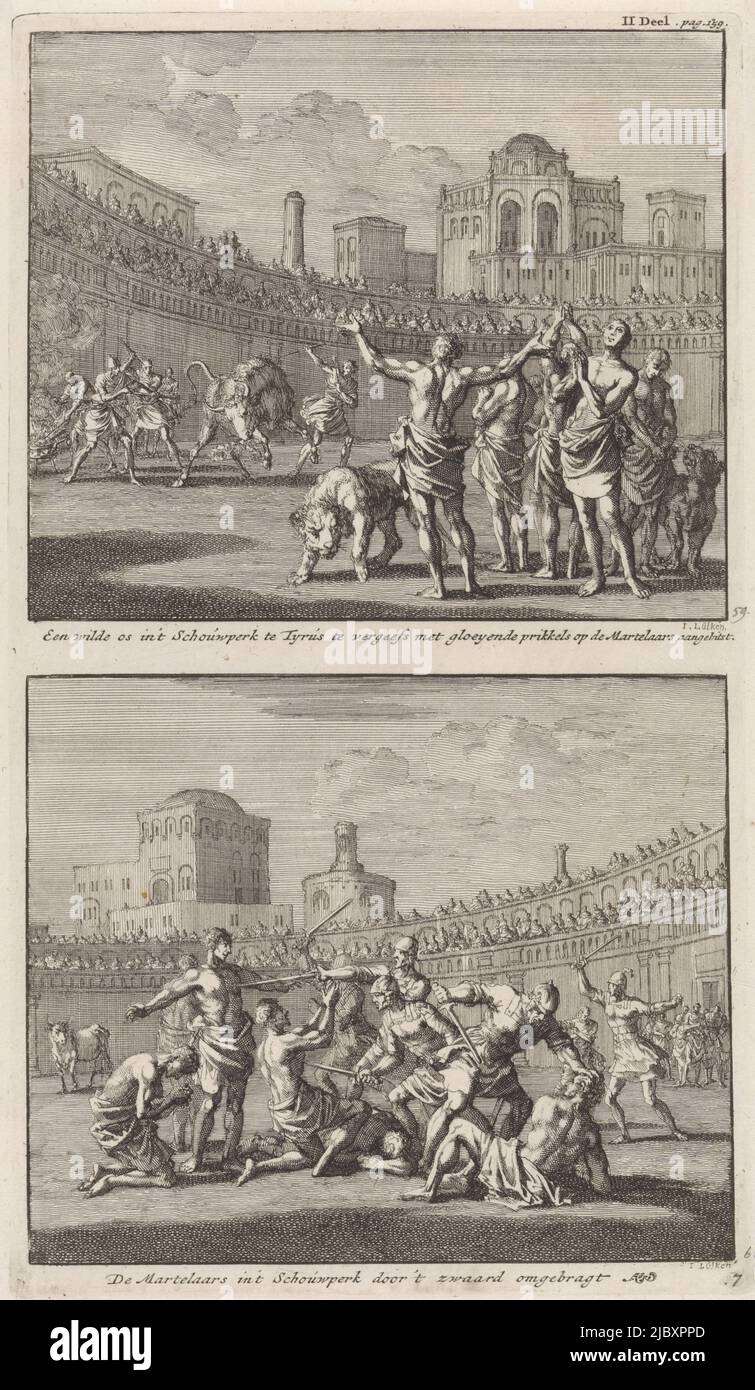 Zwei Darstellungen auf einer Folie. Oben: Eine römische Arena mit mehreren frühchristlichen Märtyrern im Vordergrund. Um die Christen herum mehrere Löwen. Im Hintergrund versuchen Soldaten, mit heißen Pokereisen einen Stier den Christen entgegen zu treiben. Unten: In einer römischen Arena wird eine Gruppe frühchristlicher Märtyrer von römischen Soldaten mit Schwertern getötet, Frühchristliche Märtyrer in einer römischen Arena und frühchristliche Märtyrer, die in einer Arena geschlachtet Wurden Ein wilder Ochse in 't Schouwperk in Tyrus griff die Märtyrer vergeblich mit glühenden Stimuli an / die Märtyrer i't Schouwperk by 't Schwert omgebragt , Print Stockfoto