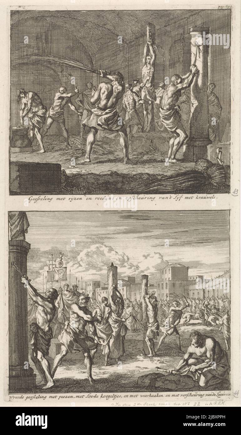 Zwei Darstellungen auf einer Platte. Oben: Christen werden mit Stäben in einer Zelle ausgepeitscht. Unten: Christen werden in der Öffentlichkeit mit Peitschen ausgepeitscht und dann von Löwen zerrissen, Christen werden in einer Zelle ausgepeitscht und Christen werden in der Öffentlichkeit geesselt Geesseling mit Stäben / Wreede geesseling met peezen, met Loode koogeltjes, en met weerhaken , Druckerei: Jan Luyken, Verlag: Jacobus van Hardenberg, Buchhändler: Barent Visscher, Amsterdam, 1700, Papier, Ätzung, H 274 mm × B 159 mm Stockfoto