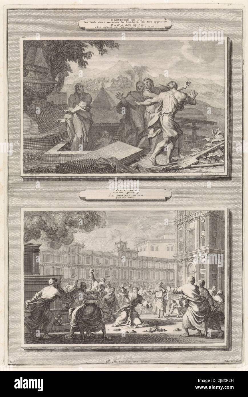 Zwei Darstellungen auf einer Platte. Oben: Eine Leiche, die in das Grab von Elisha geworfen wird, wird durch den Kontakt mit den Knochen von Elisha wieder lebendig. Die Plünderer von Elischas Grab fliehen. Unten: Der Prophet Zachariah wird im Hof des Salomonentempels von einem wütenden Mob zu Tode gesteinigt., Elischas Knochen beleben einen Toten und die Steinigung des Propheten Zachariah II Könige XIII vs. 21: A Dead man by 't berührend die Knochen von Elischa wiederbelebt / II Chron. XXIV vs 21:Sacharja zu Tode gesteinigt, Druckerei: Jan Luyken, (auf Objekt erwähnt), Druckerei: Andreas Reinhard (I), (auf Objekt erwähnt), Ottmar Elliger ( Stockfoto