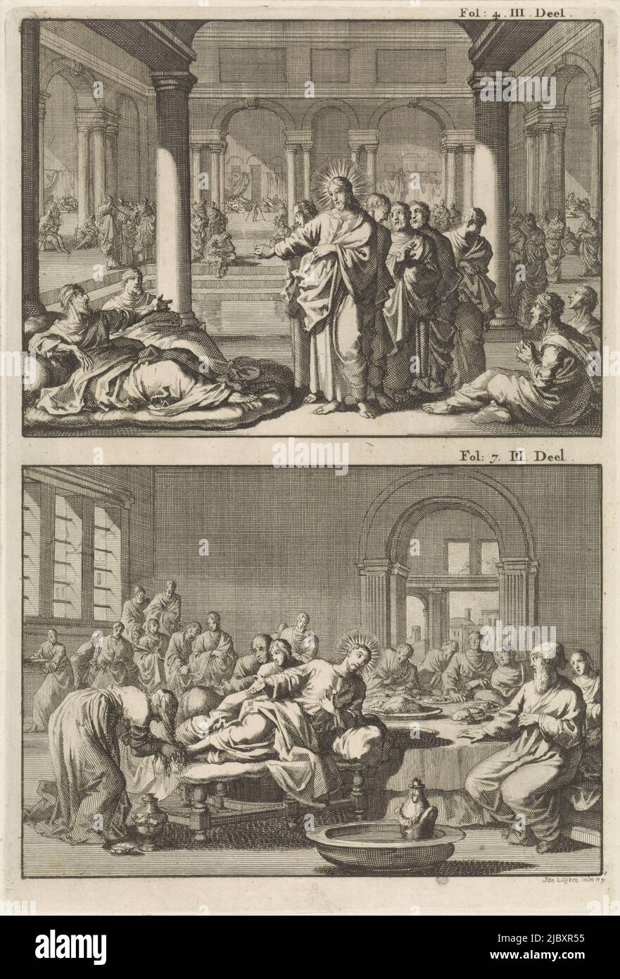 Zwei Darstellungen auf einer Platte. Oben: Christus und seine Jünger im Badehaus von Siloam. Christus steht im Gespräch mit einem Blinden. Unten: Im Hause Simons, des Pharisäers, sitzt Christus auf einem Tisch. Die sündige Frau hat die Füße Christi gewaschen und trocknet sie nun mit ihren Haaren., Christus und seine Jünger im Badehaus von Siloam und Christus als Gast von Simon dem Pharisäer, Druckerei: Jan Luyken, (erwähnt auf Objekt), Jan Luyken, (erwähnt auf Objekt), Verlag: Willem Broedelet, Amsterdam, 1700, Papier, Radierung, H 272 mm × B 184 mm Stockfoto
