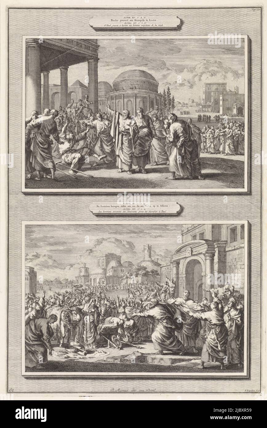 Zwei Darstellungen auf einer Folie. Oben: Die Apostel Paulus und Barnabas in der Stadt Lystra. Vor dem Tempel heilt Paulus einen lahmen Bettler. Die versammelten Massen blicken bewundernd an. Unten: Die Leute von Lystra denken, Paulus und Barnabas seien Götter und bringen Vieh zum Stadttor, das sie für die zwei Apostel opfern wollen. Paulus versucht, sie aufzuhalten, während Barnabas seine Kleider aufreißt., Paulus heilt eine Krippe in Lystra und die Bewohner von Lystra, die den beiden Aposteln Vieh opfern wollen Schauspieler XIV vs.8: Paulus heilt eine Krippe in Lystre / Schauspieler XIV vs.11: Die Lystrier bringen Stockfoto