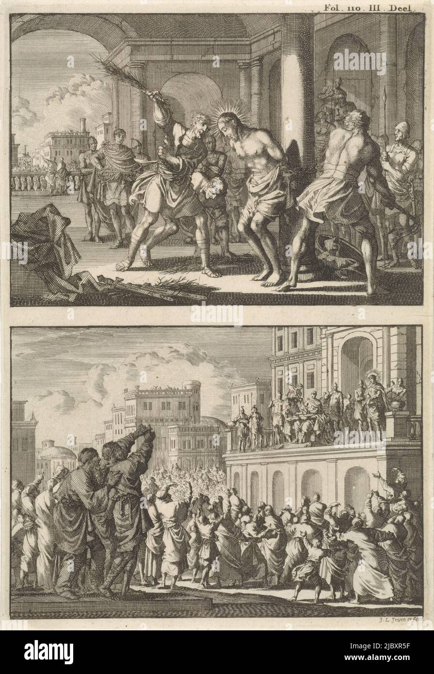 Zwei Darstellungen auf einer Platte. Oben: Christus, an einen Posten angekettet, wird von Soldaten ausgepeitscht. Unten: Pontius Pilatus zeigt den ausgepeitschten Christus dem jüdischen Volk, das ihn boh., das Faggen Christi und Christi, das den Menschen gezeigt wird, Druckerei: Jan Luyken, (erwähnt auf Objekt), Jan Luyken, (erwähnt auf Objekt), Herausgeber: Willem Broedelet, Amsterdam, 1700, Papier, Radierung, H 265 mm × B 181 mm Stockfoto