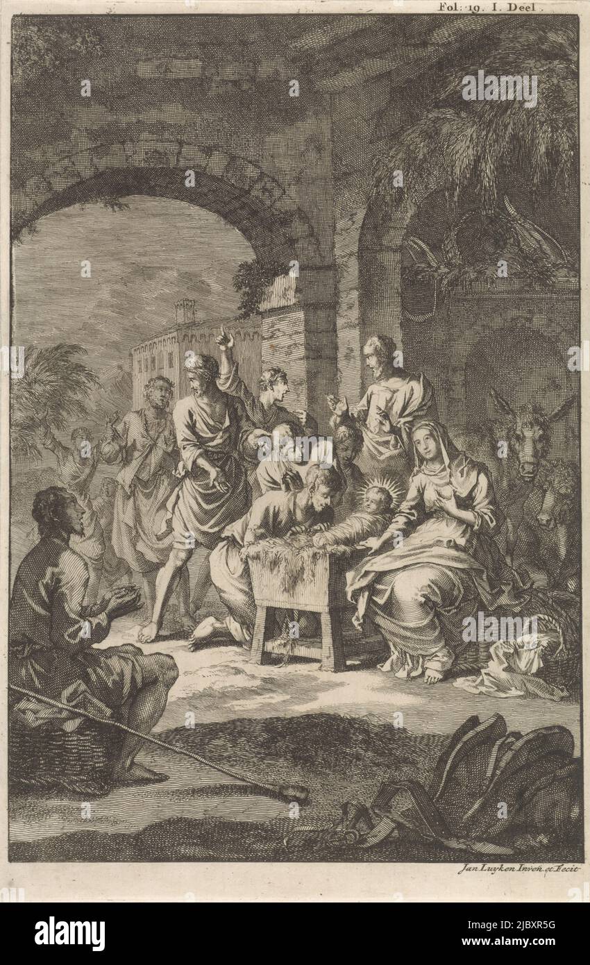 Anbetung der Hirten, Druckerei: Jan Luyken, (auf Objekt erwähnt), Jan Luyken, (auf Objekt erwähnt), Verlag: Willem Broedelet, Amsterdam, 1700, Papier, Radierung, H 274 mm × B 182 mm Stockfoto