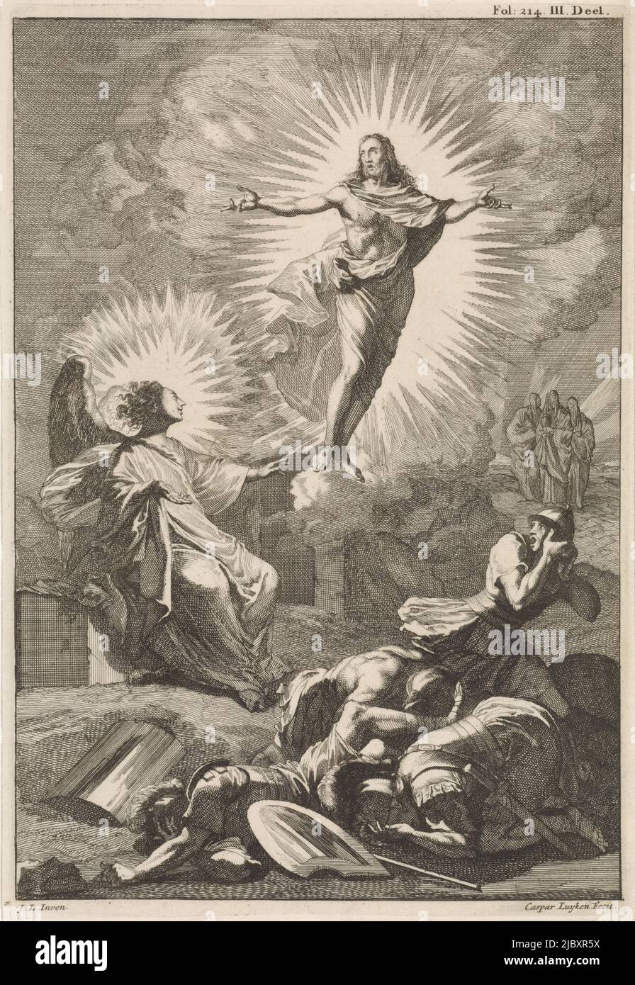 Christus erhebt sich aus seinem Grab. Neben seinem Grab ein Engel. Rechts fliehen Soldaten oder knien vor Angst und im Hintergrund rechts die drei Frauen, die zum Grab gehen., Auferstehung Christi, Druckerei: Caspar Luyken, (auf Objekt erwähnt), Jan Luyken, (auf Objekt erwähnt), Herausgeber: Willem Broedelet, Neurenberg, 1700, Papier, Radierung, H 268 mm × B 180 mm Stockfoto