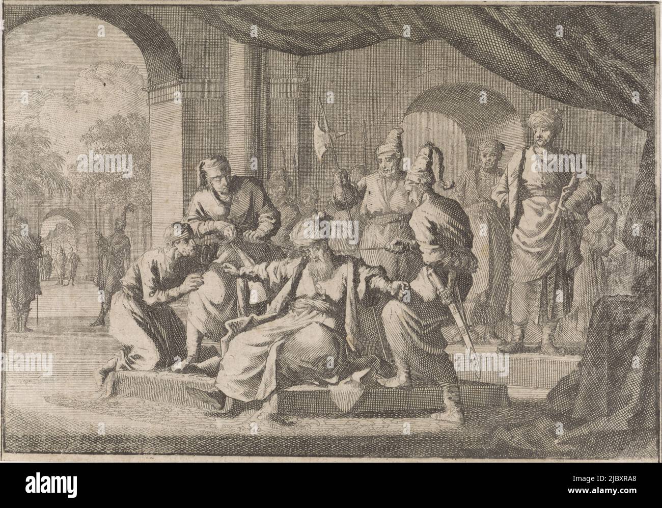 Mustafa, der Neffe von Sultan Murat IV., wird auf seinen Befehl erwürgt, 1639, Druckerei: Caspar Luyken, (zugeschrieben), Verlag: Johann David Zunnern, Frankfurt am Main, 1701, Papier, Radierung, Buchdruck, H 123 mm × B 179 mm Stockfoto