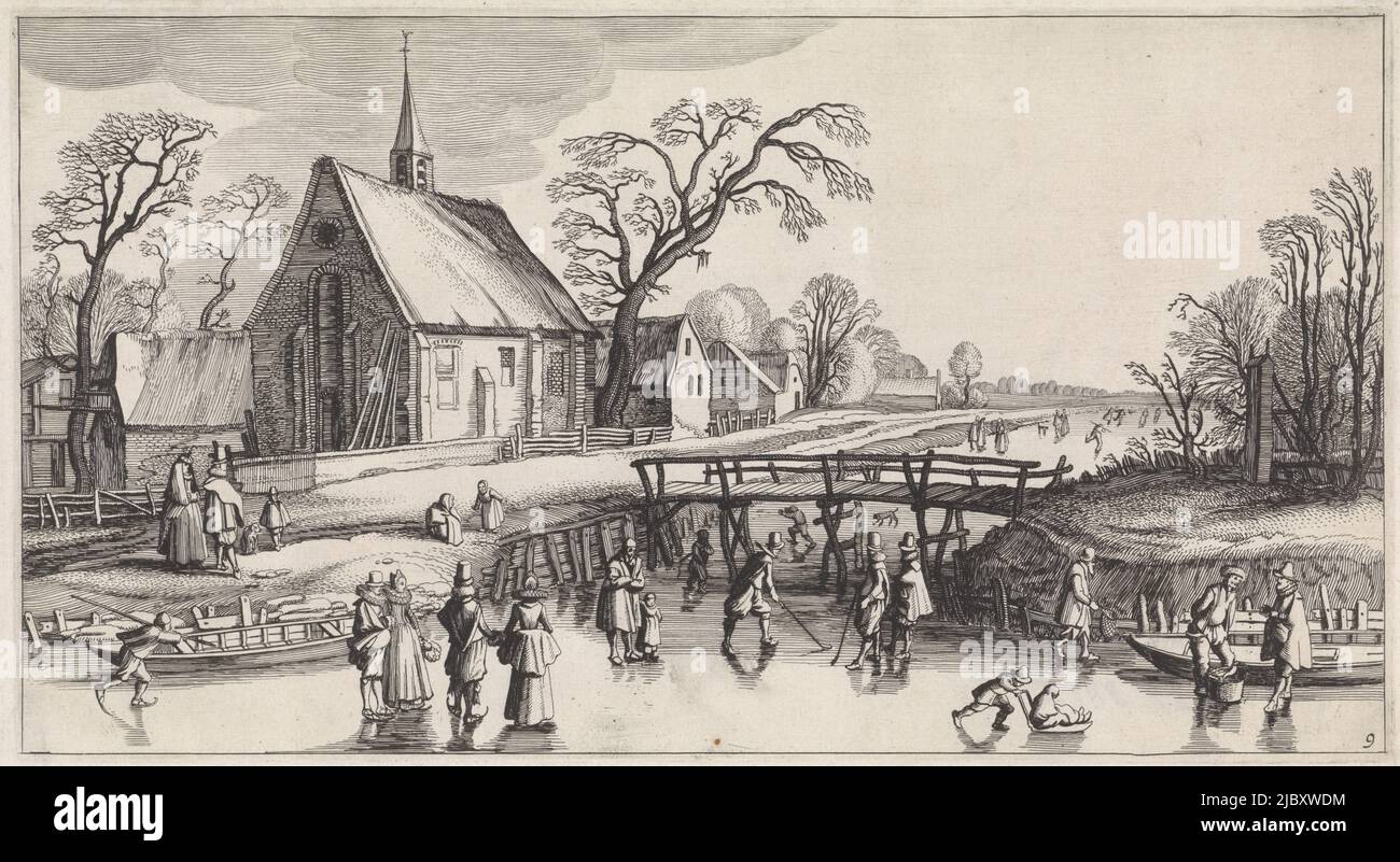 Winterlandschaft mit Skatern in der Nähe eines Dorfes. In der Mitte eine Holzbrücke. Im Vordergrund Kinder mit einem Schlitten und einer Gruppe von Pauschenspielern. Neunter Druck in einer Serie von 36 Landschaftsgrafiken, aufgeteilt in sechs Teile, Winterlandschaft mit Skater in der Nähe eines Dorfes Playsante lantschappen ende vermakelycke gesichten (Serientitel), Druckerei: Jan van de Velde (II), Jan van de Velde (II), Nordniederland, 1639 - 1641, Papier, Radierung, H 150 mm × B 280 mm Stockfoto