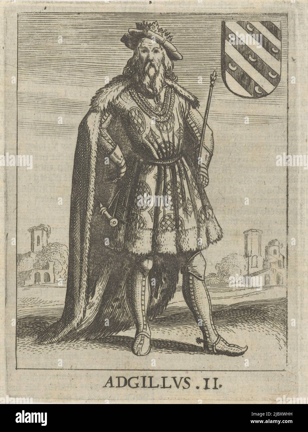 Adgillis II., siebter König der Friesen, in voller Länge, mit Krone, Mantel und in seiner linken Hand einem Zepter. Hinter ihm einige Gebäude und neben ihm das Wappen von Friesland, Adgillis II., siebter König der Friese Adgillus II., Druckerei: Pieter Feddes van Harlingen, Friesland, 1611 - 1623, Papier, Radierung, H 133 mm × B 100 mm Stockfoto