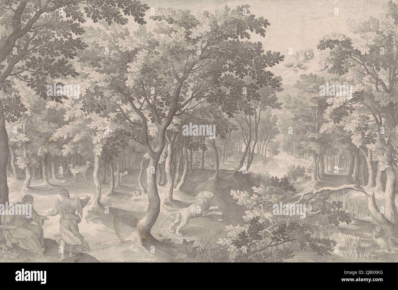 Die fünfte Vision von Esra. In einem Wald brüllt ein Löwe in den Himmel, wo sich ein brennender Adler mit drei Köpfen verzehrt. Im Vordergrund links erklärt ein Engel dem Propheten Esra (2 Esra) die Vision. In der oberen rechten Ecke das Tetragramm, das Gott den Vater symbolisiert, Fünfte Vision von Ezra, Druckerei: Nicolaes de Bruyn, (erwähnt auf Objekt), Nicolaes de Bruyn, (erwähnt auf Objekt), Herausgeber: Pierre Gallays, (Auf Objekt erwähnt), Druckerei: Antwerpen, Verlag: Paris, 1608 und/oder 1687 - 1749, Papier, Gravur, B 722 mm × H 481 mm Stockfoto
