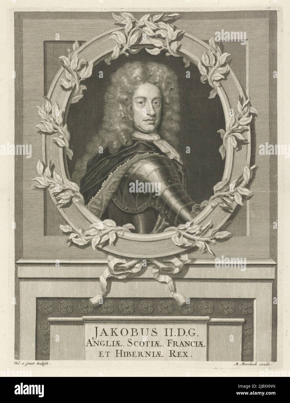 James II Stuart, König von England und als James VII, König von Schottland, Porträt von James II von England, Druckerei: Philip van Gunst, (auf Objekt erwähnt), Verlag: Matthijs van Marebeek, (auf Objekt erwähnt), Amsterdam, 1685 - 1732, Papier, Gravur, H 369 mm × B 282 mm Stockfoto