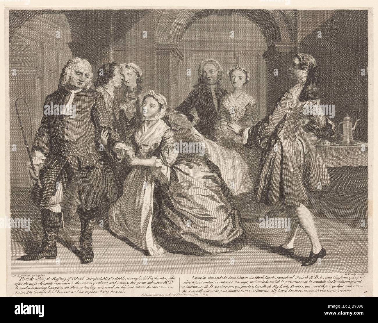 Pamela kniet nieder und bittet SR Jacob Swinford auf ihrer linken Seite um seinen Segen. Hinter ihnen spricht Mr. B. Lady Davers drei weitere Figuren auf ihrer rechten Seite an, Pamela bittet Sr. Jacob Swinford um seine Segensgeschichte von Pamela (Serientitel) Pamela, OR, Virtue Reward (Serientitel), Druckerei: Louis Truchy, (Objektbezeichnung), nach: Joseph Highmore, (Objektbezeichnung), Samuel Richardson, England, 1845, Papier, Radierung, Gravur, H 290 mm × B 367 mm Stockfoto
