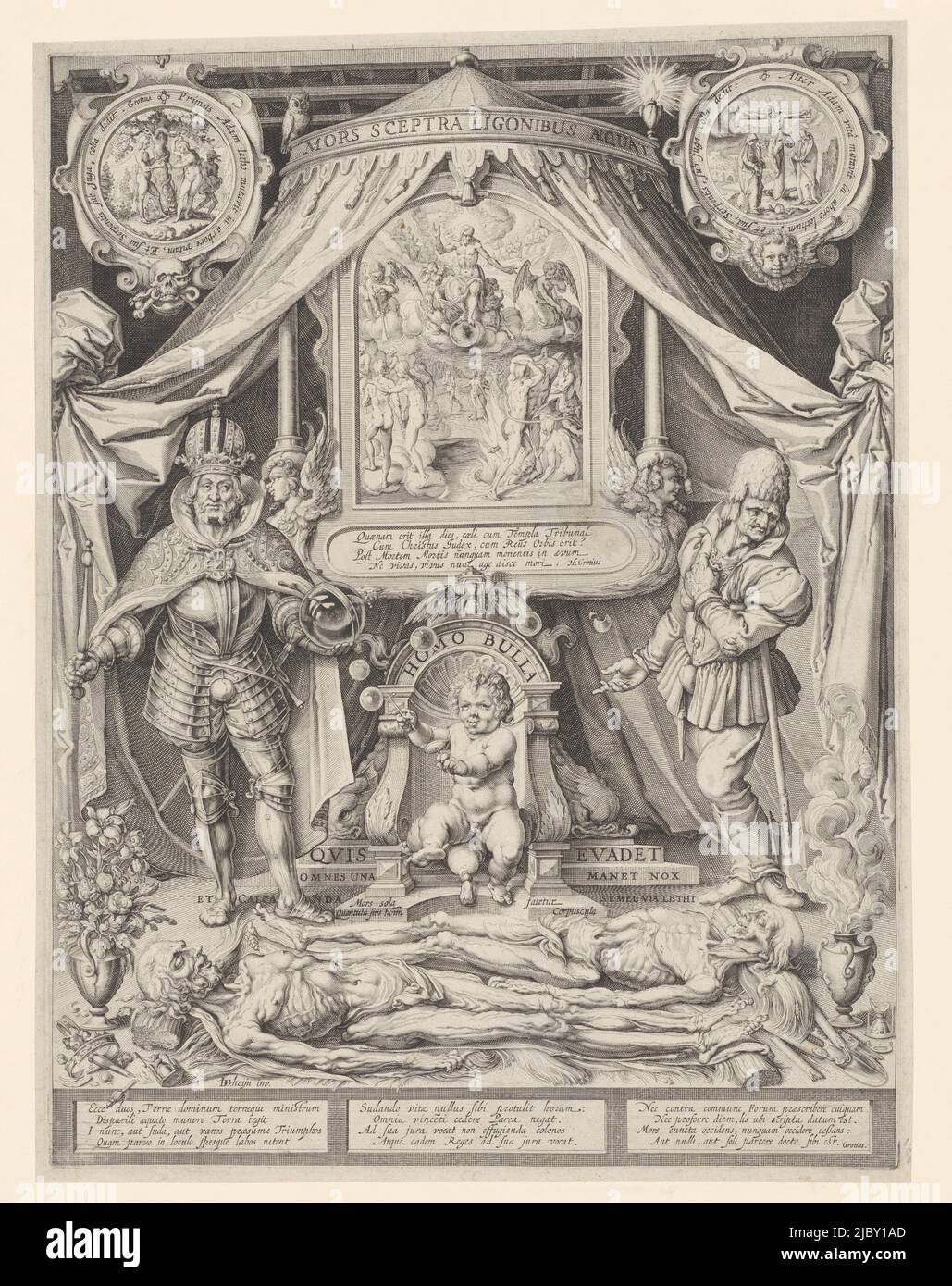 In einem runden Zelt weht eine Putto-Blase ('homo bulla' - 'der Mensch ist eine Blase' - steht am Rand der Nische, in der er sitzt), flankiert von einem Kaiser und einem Landarbeiter. Über dem Putto eine Darstellung des Jüngsten Gerichts. Oben links eine Kartusche mit runder Darstellung des Sündenfalls, oben rechts eine Kartusche mit runder Darstellung der Kreuzigung. Im Vordergrund sind zwei Leichen (der Kaiser und der Bauer, entsprechend der gebrochenen Krone ganz links vorne und der zerschlagene Schaufel rechts vorne). Links im Vordergrund auch eine Vase mit Blumen, rechts eine Stockfoto