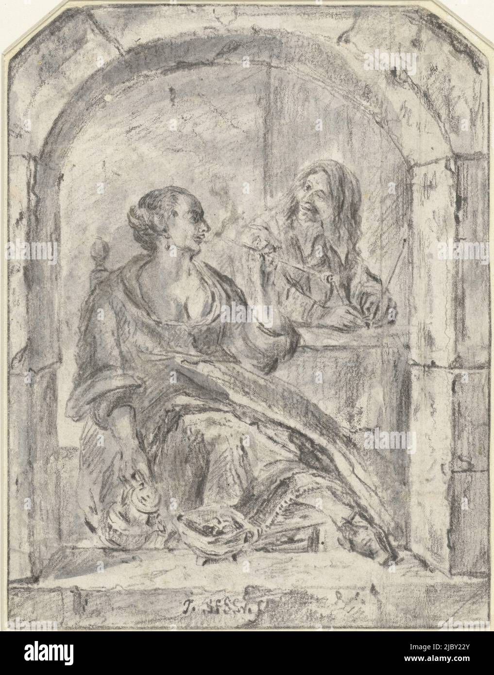 Frau, die eine Pfeife raucht, und ein Mann mit zwei Pfeifen, Jan Havicksz. Steen (möglicherweise), 1635 - 1729, Frau raucht eine Pfeife mit Krug und Feuerprobe, hinter ihr ein Mann mit zwei Pfeifen; in einem Fenster., Jan Havicksz. Steen, (möglicherweise), Zeichner: Anonym, 1635 - 1729, Papier, Bürste, H 155 mm × B 120 mm Stockfoto