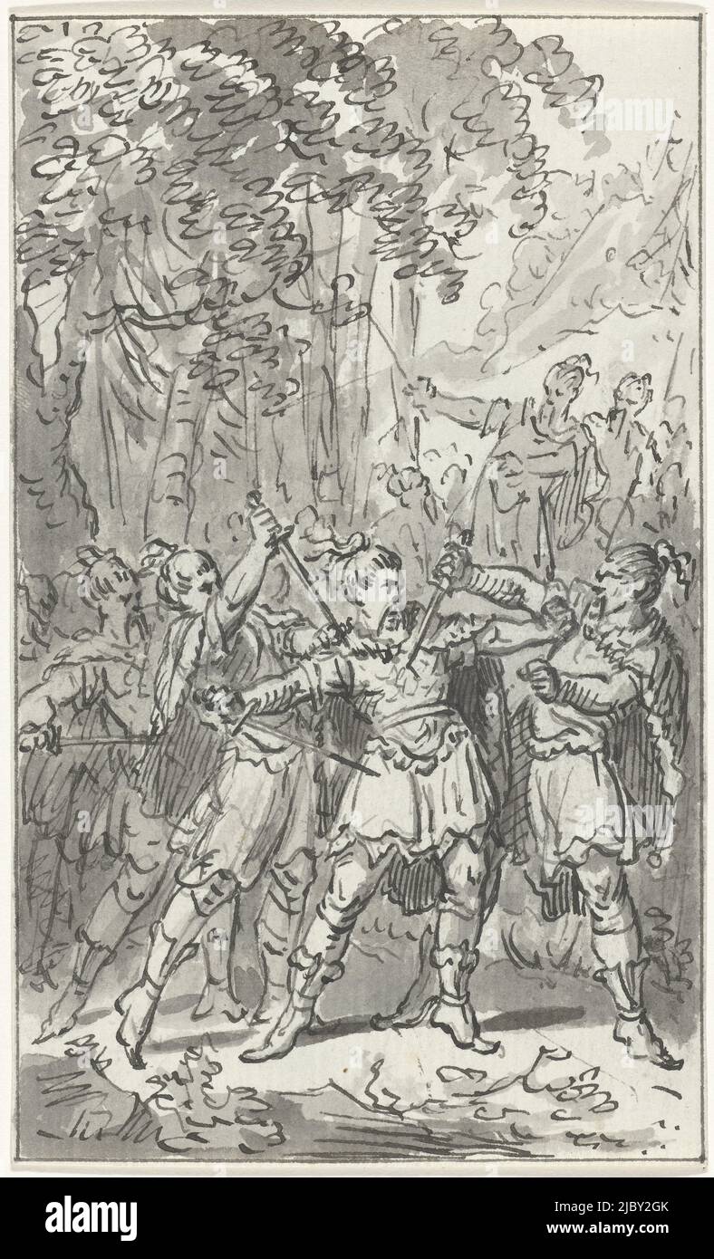 Attentat auf den germanischen General Arminius, 19, Jacobus Buys, 1779 - 1784, der germanische General Arminius, Anführer des Stammes der Cherusci, wird 19 von Mitgliedern seines eigenen Stammes ermordet (nach FM im Jahr 17). Entwurf für einen Druck., Zeichner: Jacobus Buys, 1779 - 1784, Papier, Stift, Bürste, H 148 mm × B 90 mm Stockfoto