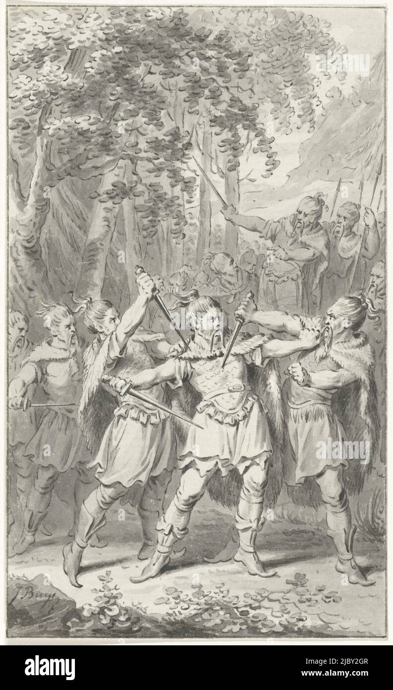 Attentat auf den germanischen General Arminius, 19, Jacobus kauft, 1779 - 1784, der germanische General Arminius, Anführer des Stammes der Cherusci, wird 19 (nach FM im Jahr 17) von Mitgliedern seines eigenen Stammes ermordet. Entwurf für einen Druck., Zeichner: Jacobus Buys, (signiert vom Künstler), 1779 - 1784, Papier, Stift, Bürste, H 148 mm × B 90 mm Stockfoto