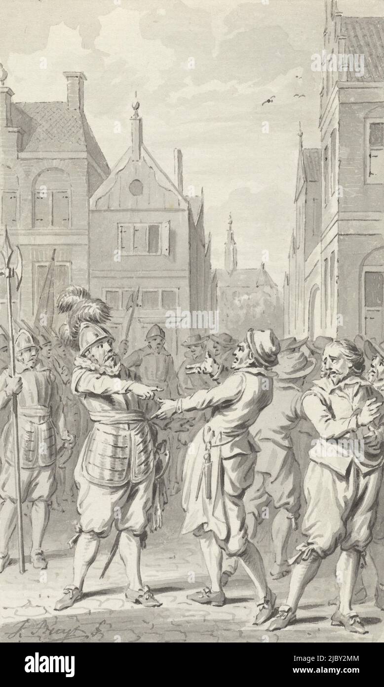 Mutige Antwort von hopman Johan van den Kornput, dem Verteidiger von Steenwijk, 1580, Jacobus Buys, 1786 - 1788, Hopman Johan van den Kornput, dem Verteidiger von Steenwijk, beantwortet die Frage eines Metzgers über Lebensmittelknappheit während der Belagerung von Steenijk, 20. November 1580. Entwurf für einen Druck., Zeichner: Jacobus Buys, (signiert vom Künstler), Niederlande, 1786 - 1788, Papier, Stift, Pinsel, H 150 mm × B 90 mm Stockfoto