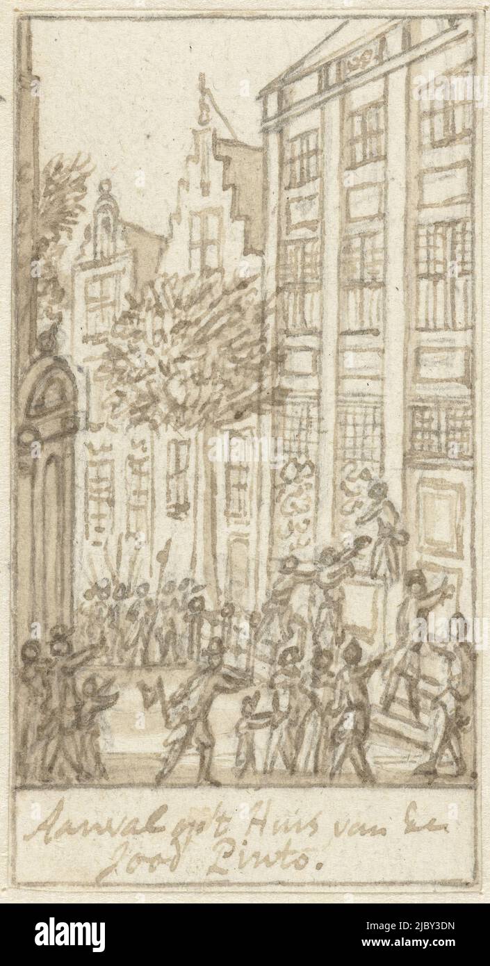 Ausplünderung des Pinto-Hauses während der Aansprekersoproer in Amsterdam, 1696, Simon Fokke, 1779 - 1781, Ausplünderung durch einen wütenden Mob des Pinto-Hauses (dem Juden Ishac de Pinto) in der Sint Antoniesbreestraat während der Aansprekersoproer in Amsterdam vom 31. Januar bis 1. Februar 1696. Entwurf für einen Druck., Zeichner: Simon Fokke, Nordniederland, 1779 - 1781, Papier, Stift, Bürste, H 82 mm × B 44 mm Stockfoto