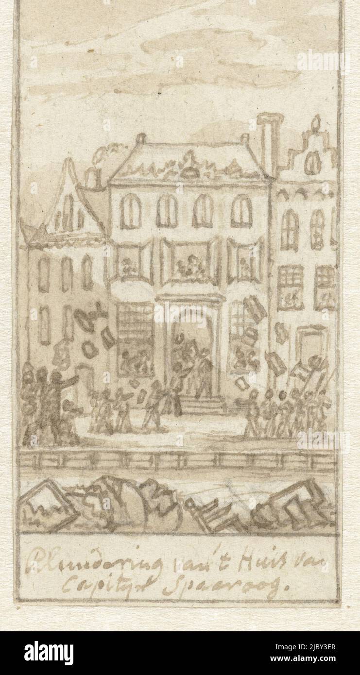Ausplünderung des Hauses des Kapitäns Spaaroog während der Aansprekersoproer in Amsterdam, 1696, Simon Fokke, 1779 - 1781, Ausplünderung durch einen wütenden Mob des Hauses des Kapitäns Martinus Spaaroog auf der Reguliersgracht während der Aansprekersoproer in Amsterdam, 31. Januar bis 1. Februar 1696. Entwurf für einen Druck., Zeichner: Simon Fokke, Nordniederland, 1779 - 1781, Papier, Stift, Bürste, H 81 mm × B 43 mm Stockfoto