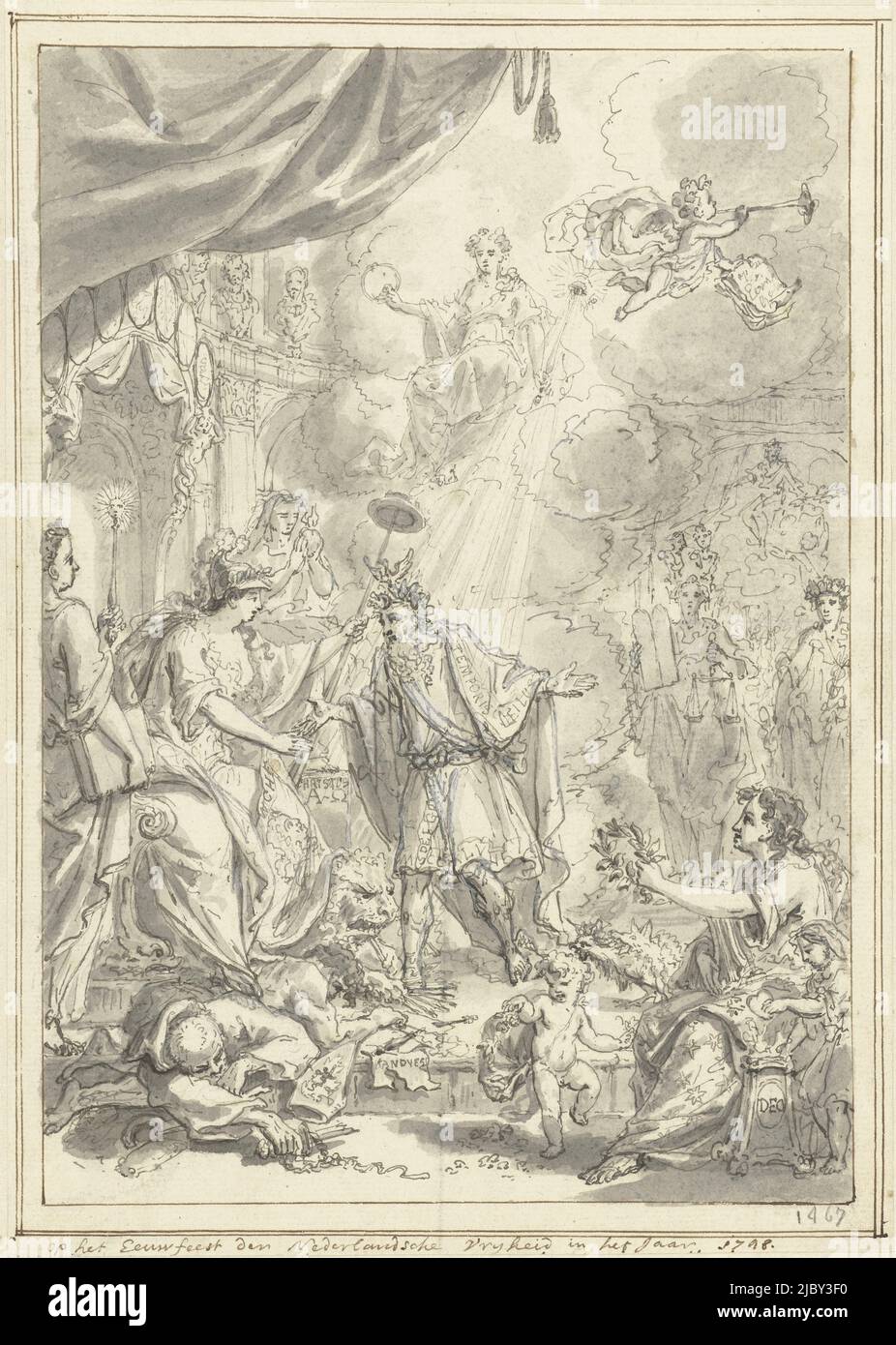 Allegorie des Jubiläums der niederländischen Freiheit, 1648-1748, Simon Fokke, 1748, Allegorie des 100.. Jahrestages der niederländischen Freiheit, 1648-1748. Die Personifizierung der niederländischen Freiheit mit Lanze, Hut und Banner mit Prinz Wilhelm IV., der das Jahrhundert erhielt, stammt aus den Wolken. Auf dem Throndach Büsten der Stadthalter, zu Füßen der Freiheit der Feind während des Revolts besiegt: Die katholische Kirche. Entwurf für einen Druck., Zeichner: Simon Fokke, Nordniederland, 1748, Papier, H 245 mm × B 174 mm Stockfoto