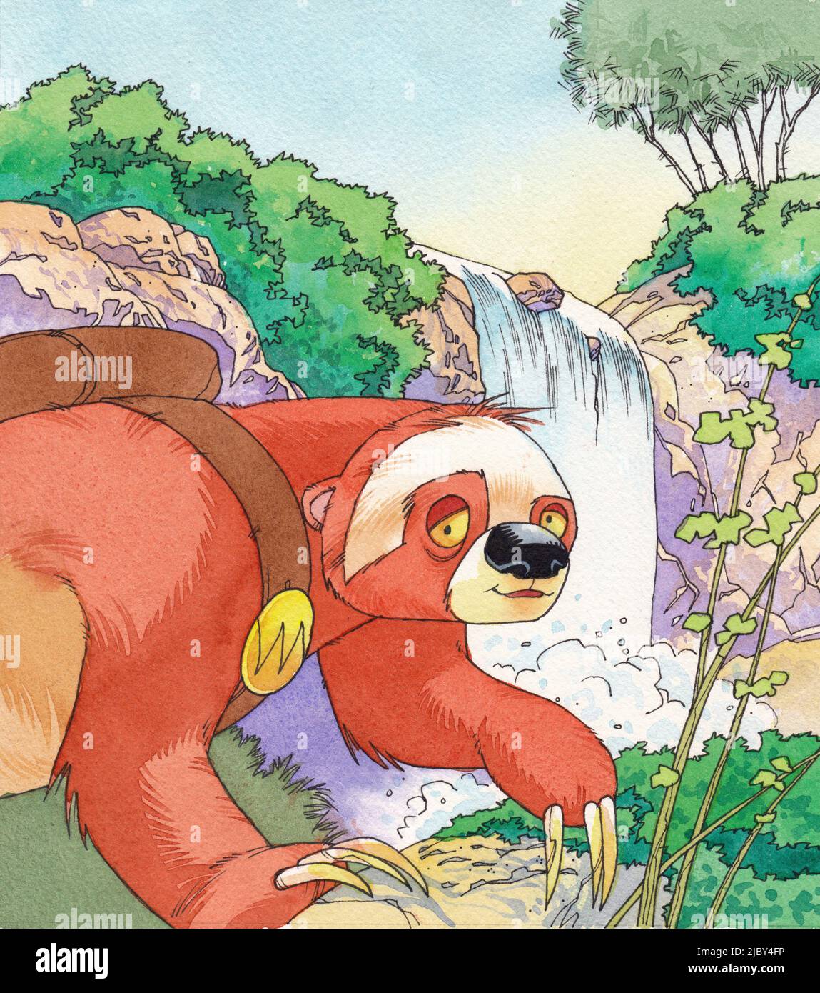 Ein Sloth vor einem Wasserfall in der Natur, mit Rucksack. Illustration mit Stift und Tinte mit Aquarell auf Aquarelltafel Stockfoto