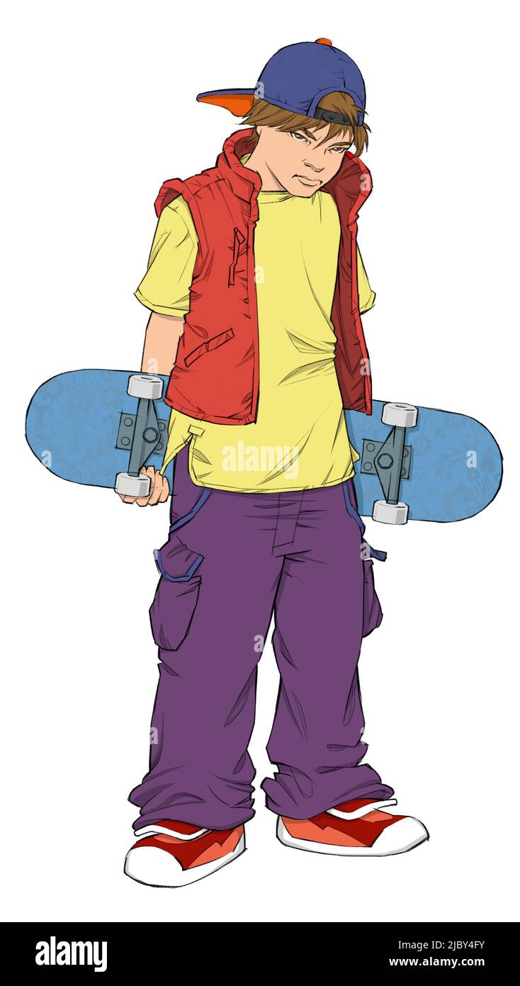 Teenager, der Skateboard hält und mit Haltung absieht Stockfoto