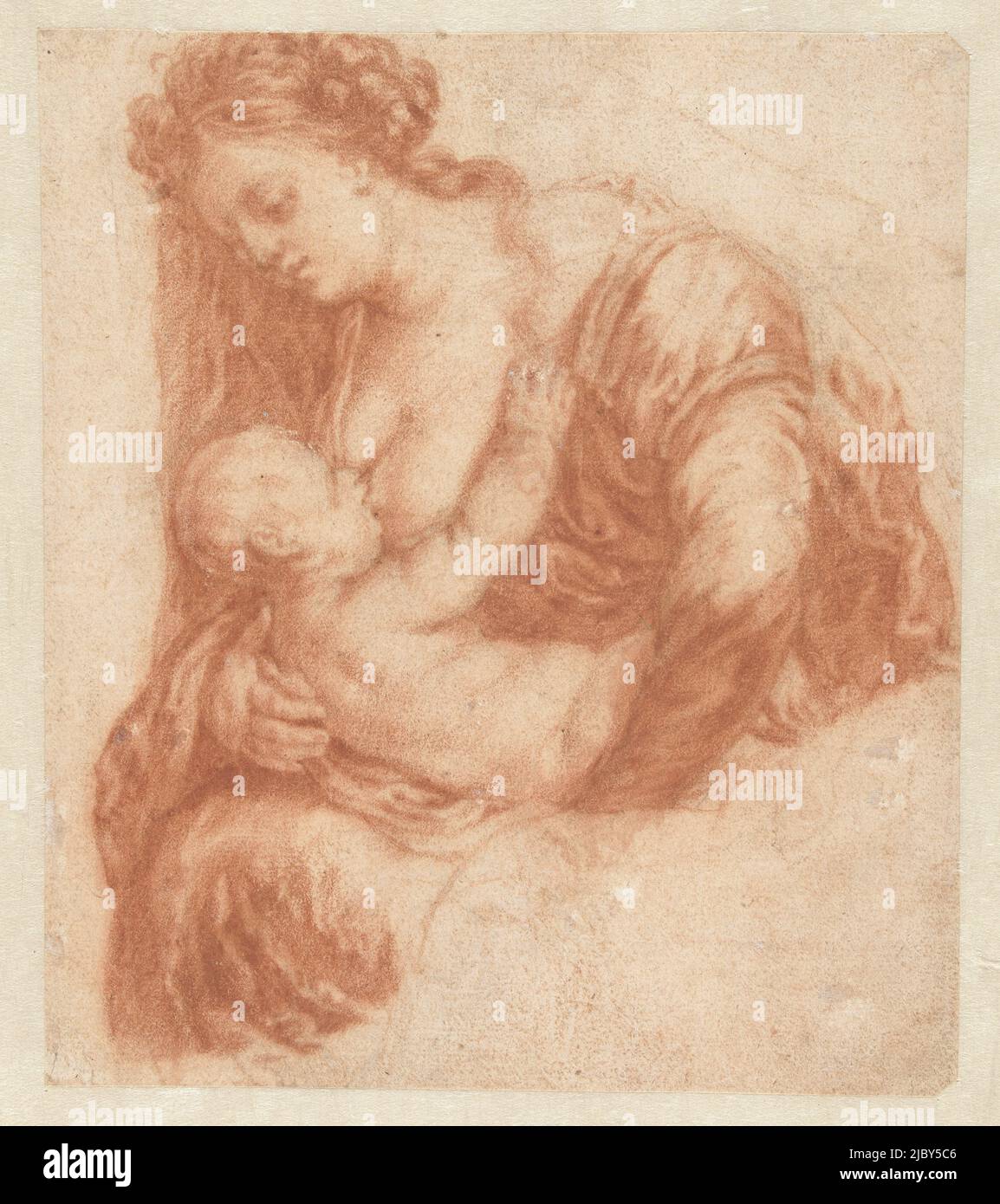 Frau, die ein Kind stillt Kunstbuch oder Studienalbum von Caspar Netscher (Serientitel), Zeichner: Godfried Schalcken, 1653 - 1706, Papier, H 182 mm × B 157 mm Stockfoto