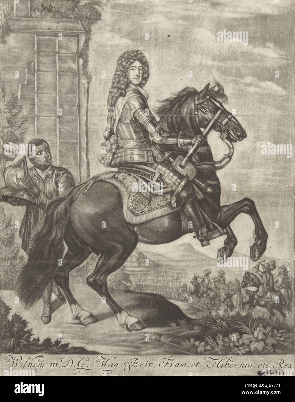 Wilhelm III. Zu Pferd und ein versklavter Diener, Arnoud van Halen, 1688 - 1732, Reitportrait von König Wilhelm III. In Rüstung, hinter dem Pferd trägt ein versklavter Diener den Helm des Königs. Rückseite einer Zeichnung mit einer Karikatur über den Windhandel im Jahr 1720. Diese Zeichnung gehört zu der Gruppe von Zeichnungen, die der Serie Tafereel der Dwaasheid mit Cartoons über den Windhandel oder Aktionshandel von 1720 hinzugefügt wurden., Druckerei: Arnoud van Halen, (auf Objekt erwähnt), Nordniederland, 1688 - 1732, Papier, H 352 mm × B 279 mm Stockfoto