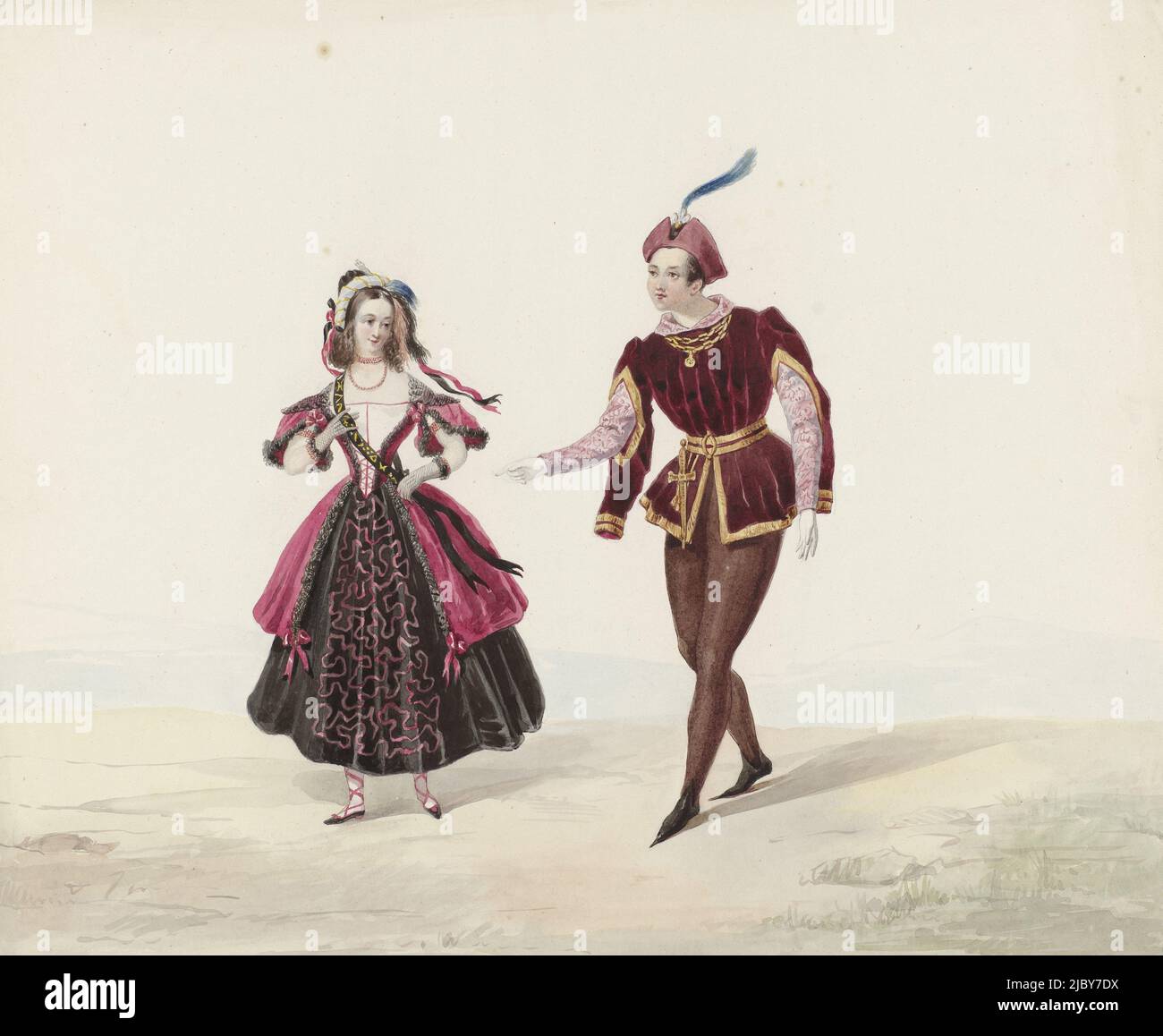 Mann und Frau in historischer Tracht, 1841, Huib van Hove BZ, 1841, Mann und Frau in historischer Tracht. Möglicherweise polnisches Kostüm. Kostüme, die auf dem Kostümball getragen wurden, der am 17. Und 19. Februar 1841 in Den Haag anlässlich des Hochzeitstages von König Wilhelm II. Und Anna Paulowna 25. stattfand. Platten nach einigen dieser Auftritte erscheinen in einem Album über diesen Ball., Zeichner: Huib van Hove BZ, Niederlande, 1841, Papier, Zeichnung, H 323 mm × B 390 mm Stockfoto
