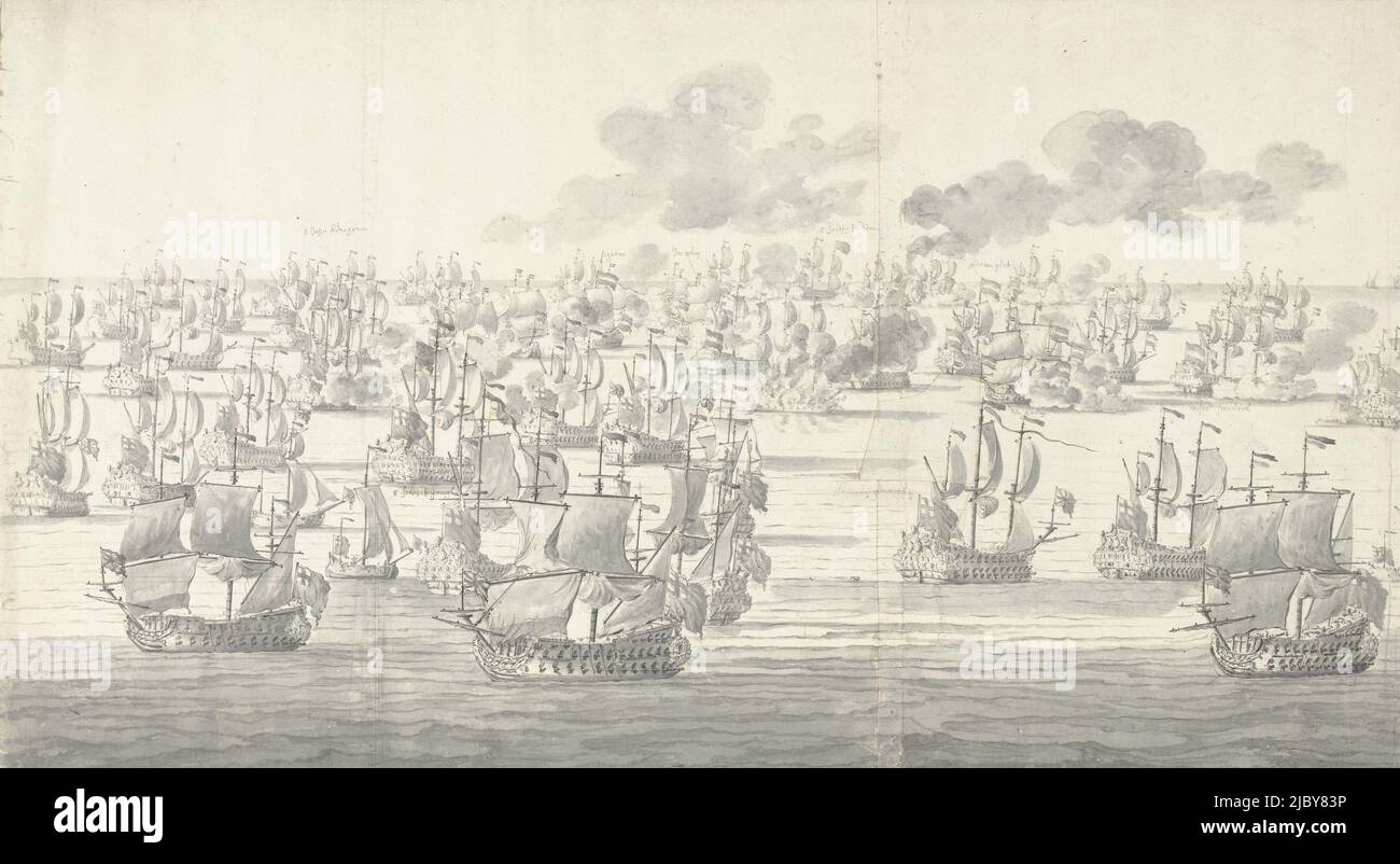 Die Schlacht von Solebay, 7. Juni 1672, kurz nach zwei Uhr nachmittags, von Nordwesten aus gesehen: Linke Seite. Diese zweiteilige Zeichnung zeigt einen Moment aus der Schlacht von Solebay im Jahr 1672. In dieser Eröffnungsschlacht des dritten Anglo-Niederländischen Krieges kämpfte die von Admiral De Ruyter geführte Staatsflotte gegen die kombinierte anglo-französische Flotte vor der Küste von Suffolk in der Nähe von Solebay. Wie in früheren Seeschlachten segelte Willem van de Velde auf holländischer Seite an Bord seiner Galeone. Die Schlacht von Solebay ist in vollem Gange. Die linke Seite zeigt unter anderem den Delphin, das Schiff von Leutnant-Admiral Willem Joseph Stockfoto