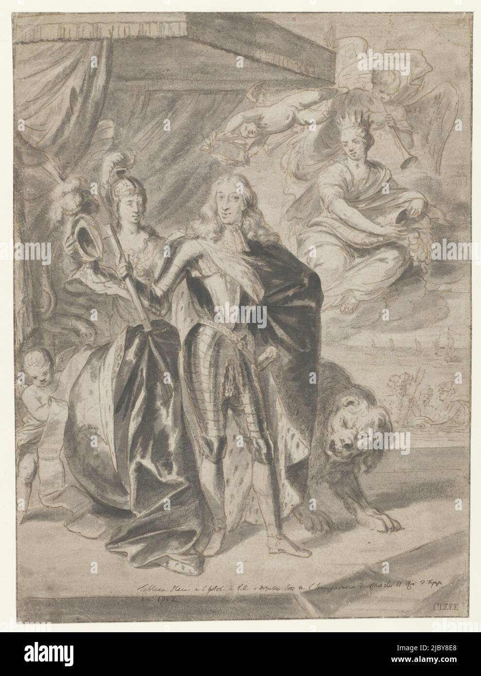 Porträt von Karl II., König von Spanien, in Rüstung stehend, in voller Länge, Zeichner: Jan van Cleve (III), 1700 - 1716, Papier, Stift, Pinsel, H 525 mm × B 395 mm Stockfoto