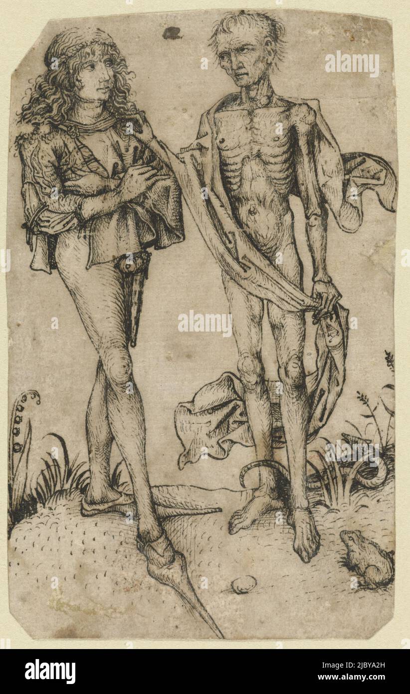 Junger Mann mit Tod, anonym, nach dem Meister des Amsterdamer Kabinetts, 1475 - 1499, signiert nach einem Druck. Junger Mann und Tod., Zeichner: Anonym, Meester van het Amsterdamse Kabinett, 1475 - 1499, Papier, Stift, H 124 mm × B 76 mm Stockfoto