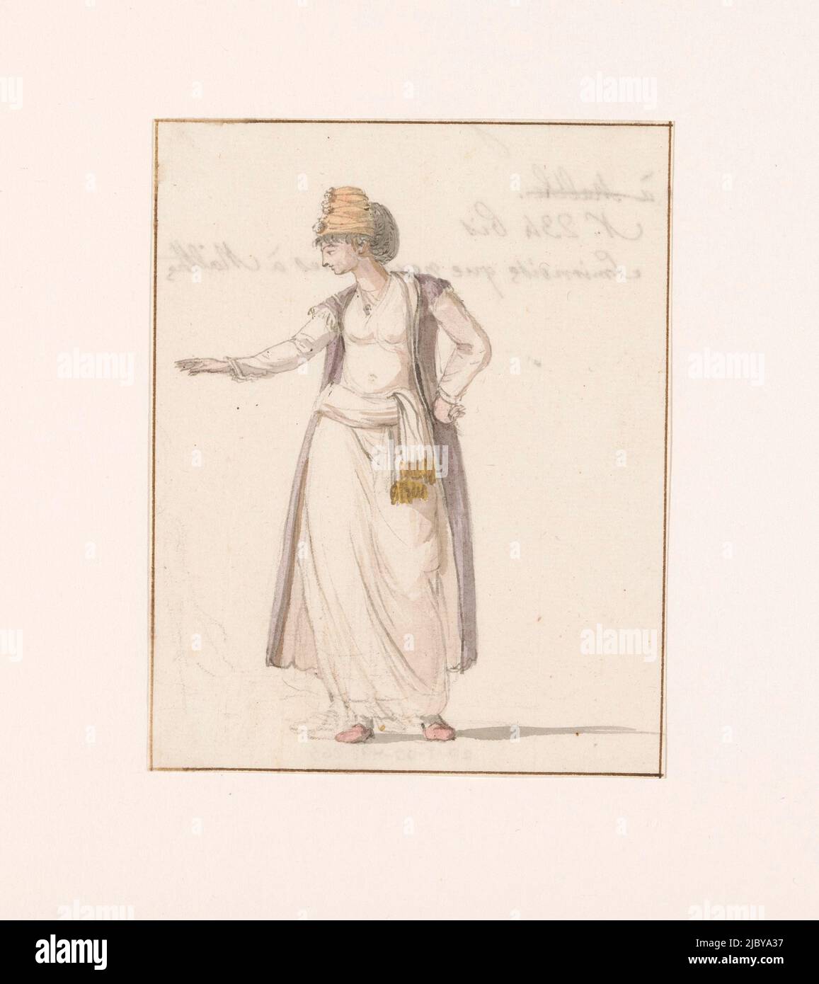 Lady in Kostüm aus Smyrna von der Reisegruppe in Malta gesehen, Louis Ducros, 1778, Zeichnung aus dem Album 'Voyage en Italie, en Sicile et à Malte', 1778., Zeichner: Louis Ducros, 1778, Papier, Pinsel, Stift, H 127 mm × B 101 mm Stockfoto