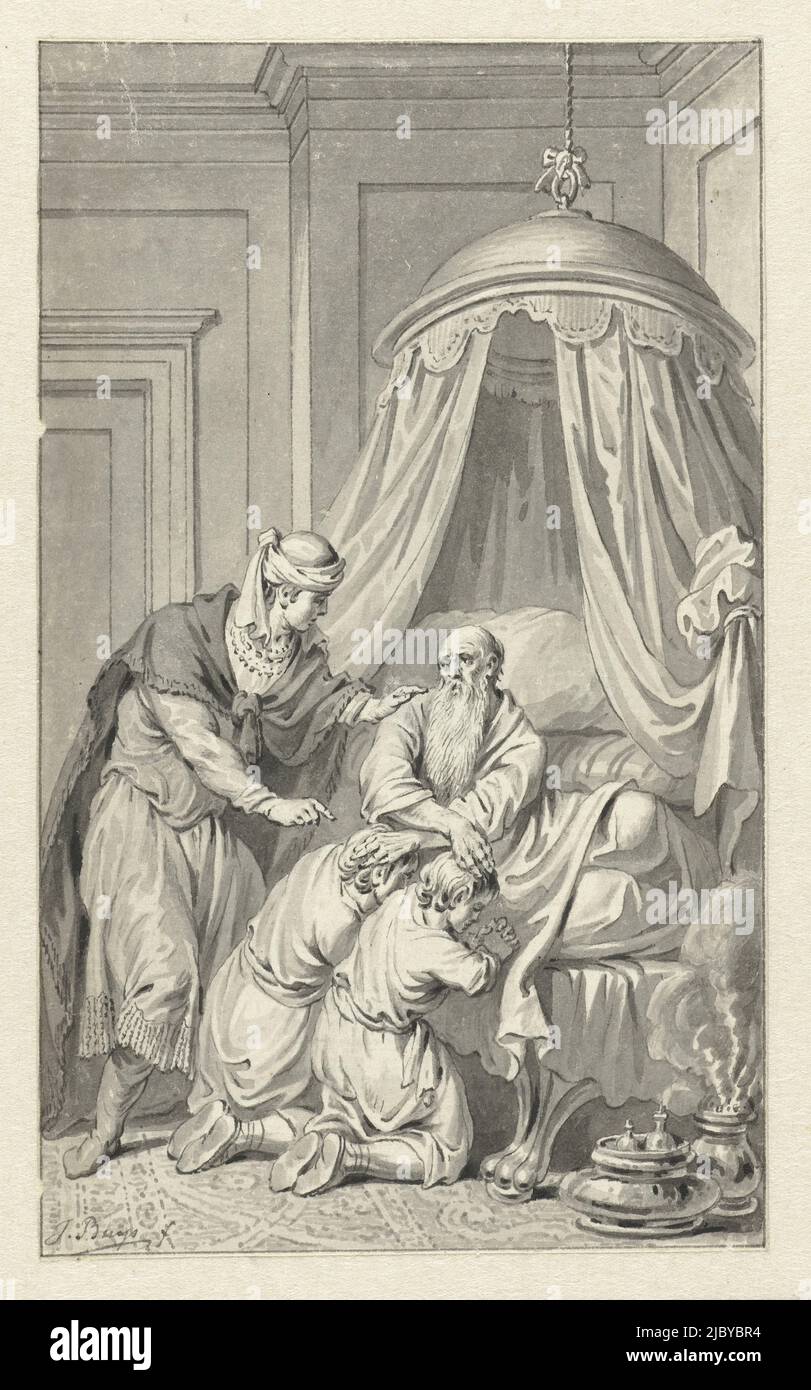 Jacob segnet Manasse und Ephraim, Jacobus kauft, c. 1734 - c. 1801, Entwurf für einen Druck., Zeichner: Jacobus Buys, c. 1734 - c. 1801, Papier, Stift, Pinsel, H 149 mm × B 90 mm Stockfoto