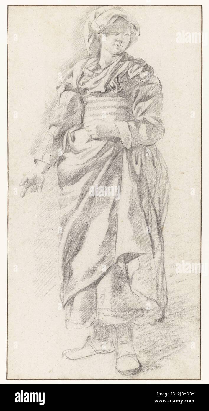 Stehende Frauen, von vorne gesehen, Gerrit Berckheyde, c. 1670, Eine Frau im italienischen Tracht, die linke Hand vor dem Körper gehalten., Papier, H 296 mm × B 154 mm Stockfoto