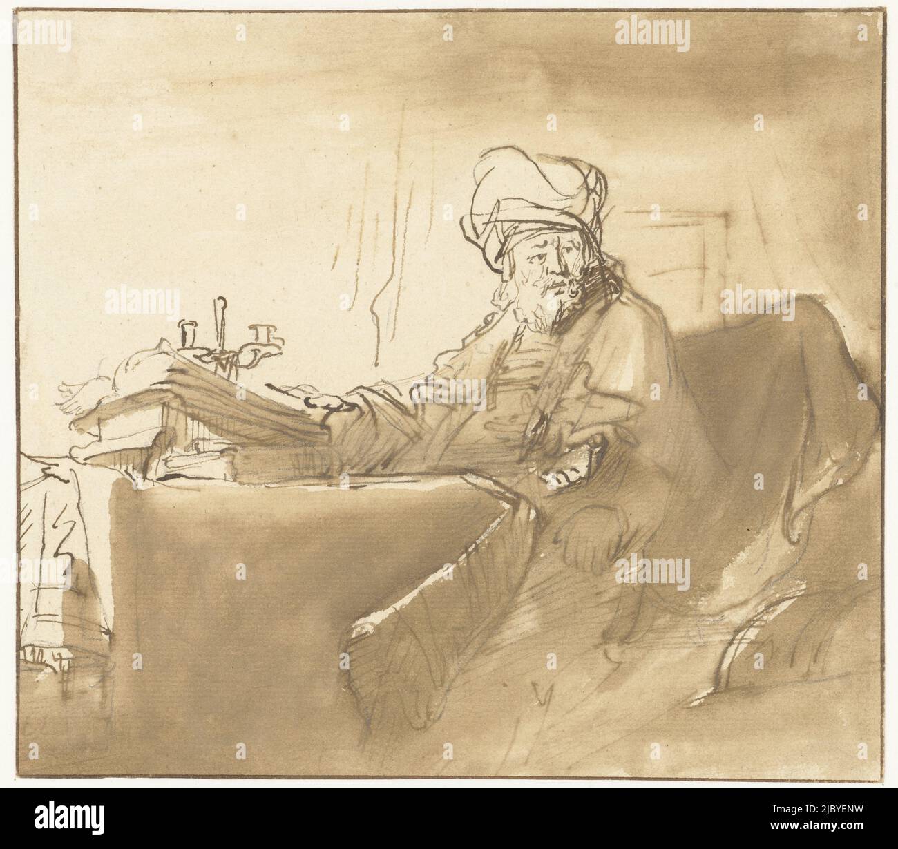 Orientalischer Gelehrter am Tisch, Salomon Koninck (zugeschrieben), nach Ferdinand Bol, 1641 - 1656, Zeichner: Ferdinand Bol, (Kopie danach), Salomon Koninck, (abgelehnte Zuordnung), 1641 - 1656, Papier, Stift, Pinsel, H 157 mm × B 178 mm Stockfoto