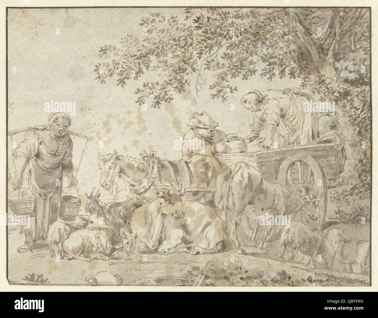 Bauern und Vieh in der Nähe eines Bauernwagens, Govert Dircksz. Camphuysen (möglicherweise), 1633 - 1672, Zeichner: Govert Dircksz. Camphuysen, (möglicherweise), 1633 - 1672, Papier, Stift, Bürste, H 162 mm × B 211 mm Stockfoto