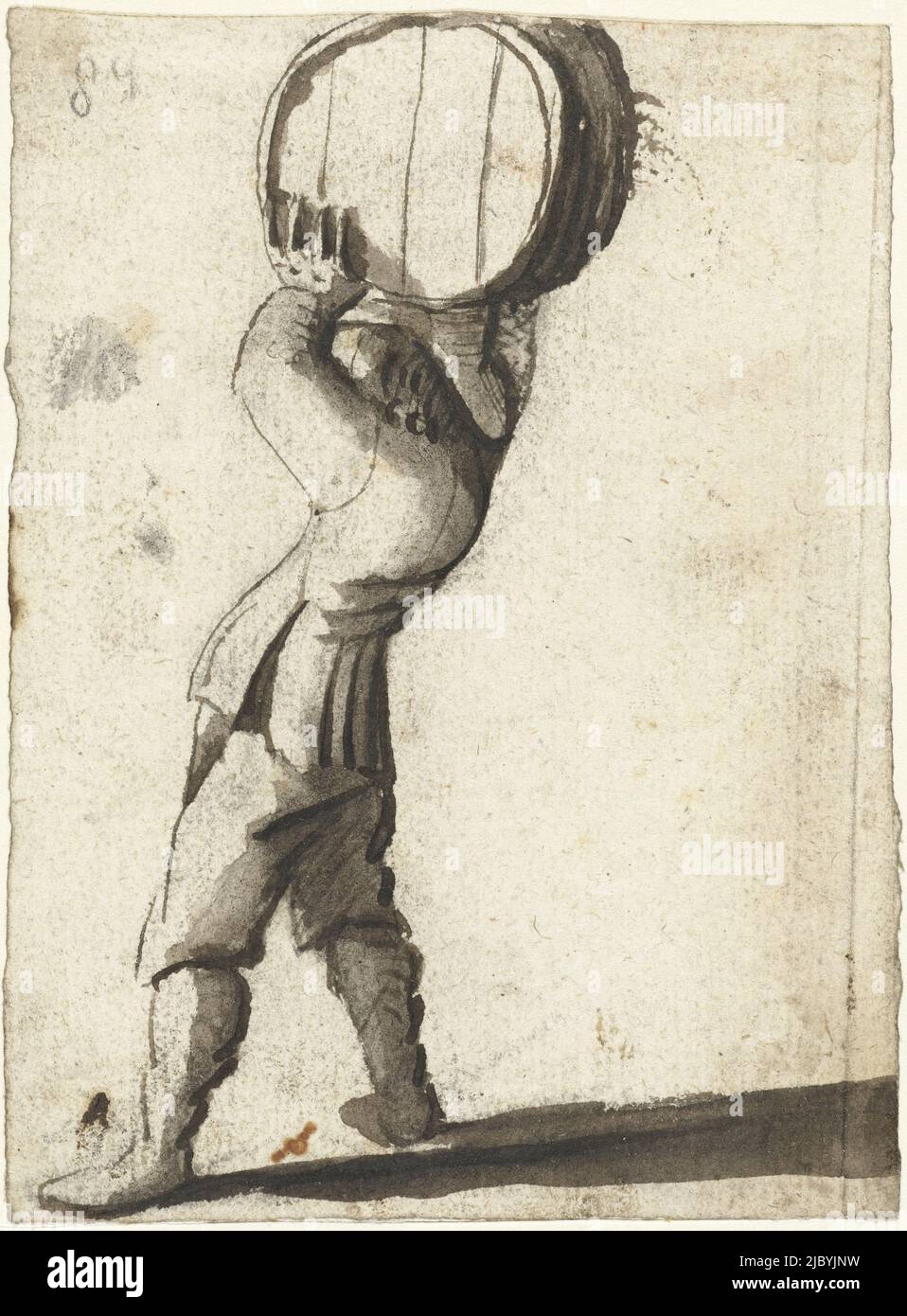 Knabe, der ein Fass über dem Kopf trägt, Harmen ter Borch, 1649, Zeichner: Harmen ter Borch, (auf Objekt erwähnt), Zwolle, 21-Mar-1649, Papier, Bürste, H 105 mm × B 77 mm Stockfoto