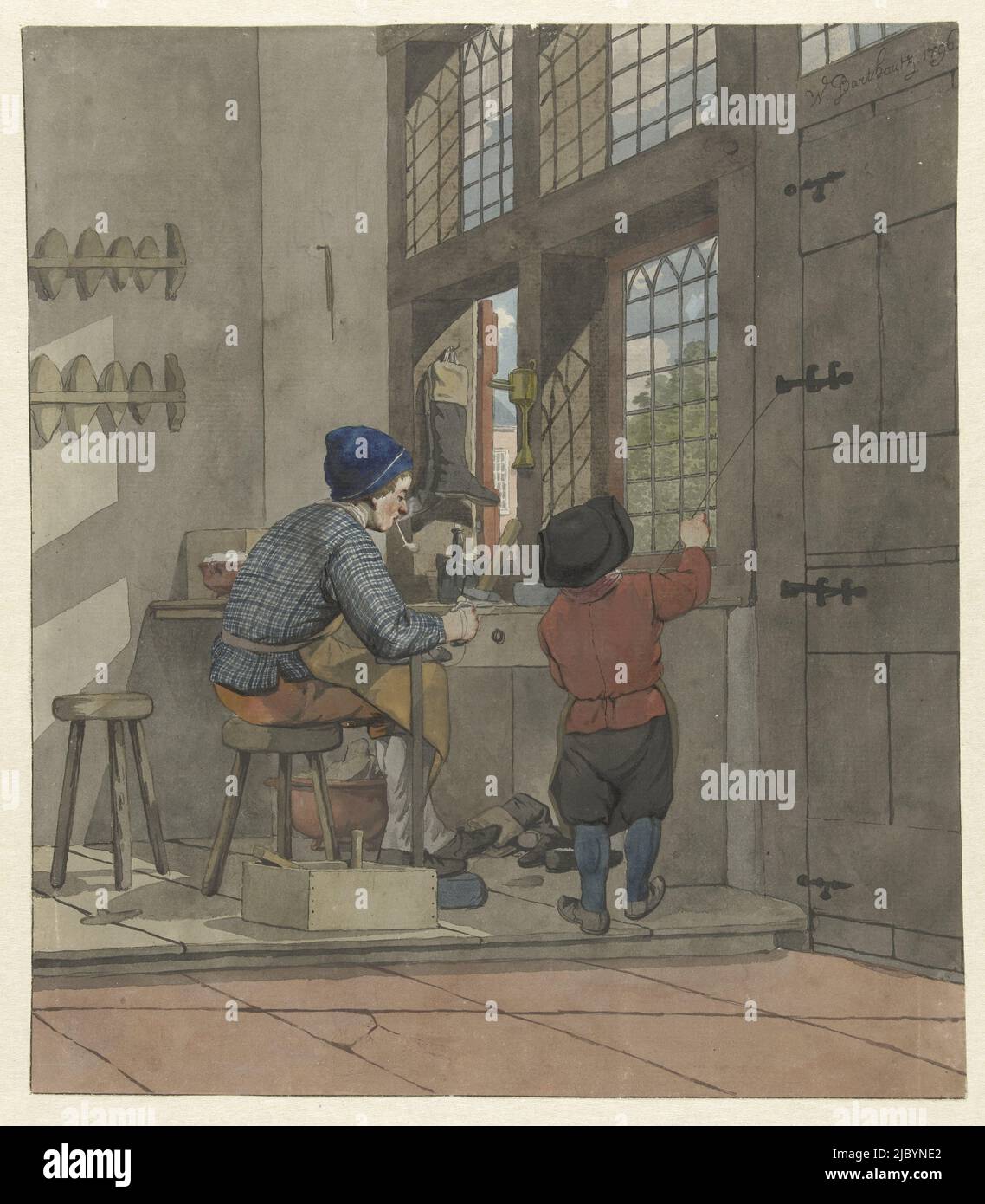 Schuhmacher in seiner Werkstatt, W. Barthautz, 1796, Zeichner: W. Barthautz, 1796, Papier, Stift, Pinsel, H 278 mm × B 241 mm Stockfoto