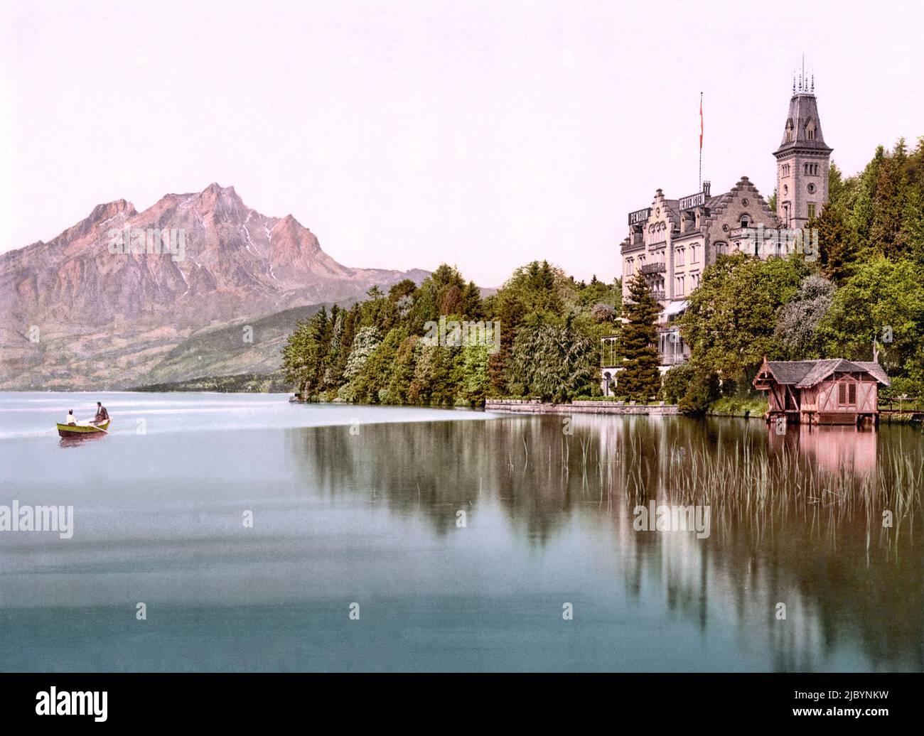 Hertenstein Schloss und Vierwaldstättersee, Luzern, Schweiz 1890. Stockfoto