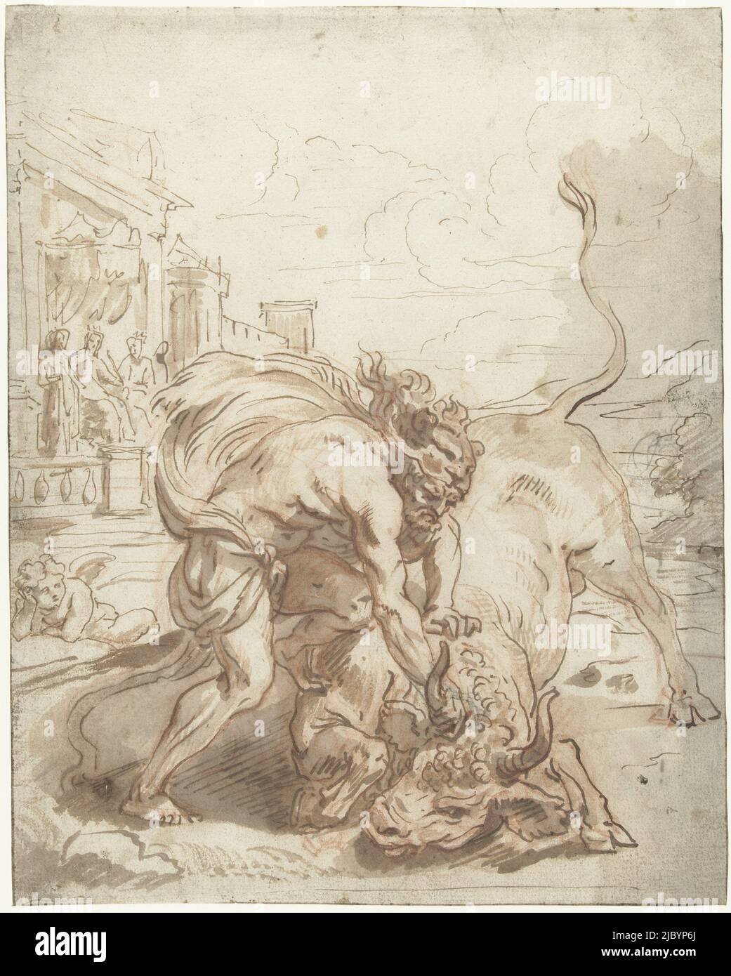 Hercules besiegt Acheloüs in der Gestalt eines Bullen, Abraham van Diepenbeeck, 1653 - 1655, Entwurf für einen Druck., Zeichner: Abraham van Diepenbeeck, , 1653 - 1655, Papier, Stift, Bürste, H 283 mm × B 223 mm Stockfoto