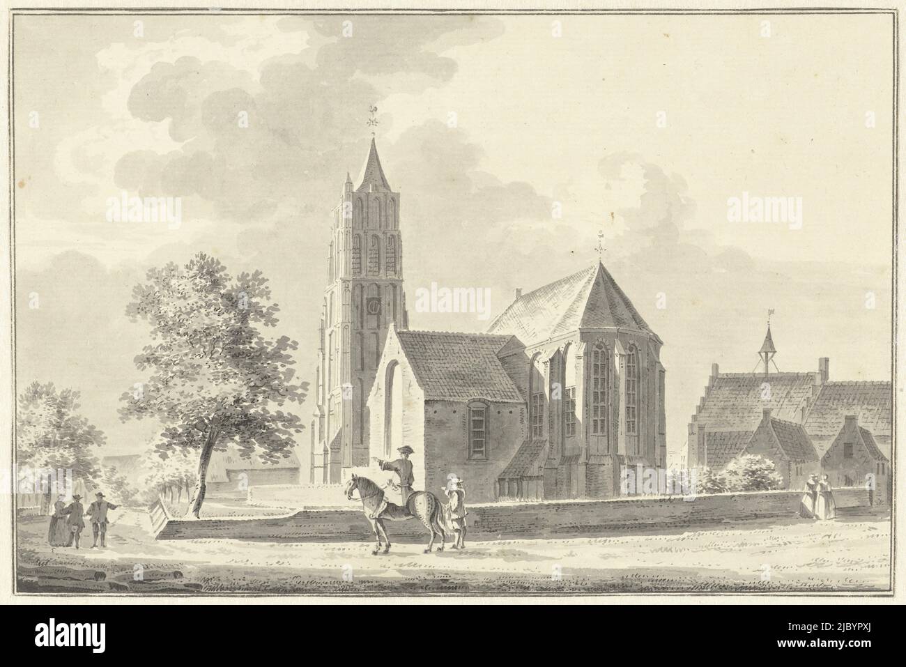 Kirche und Rathaus in Heukelom, Pieter Jan van Lieder, 1756, Zeichner: Pieter Jan van Lieder, 1756, Papier, Stift, Pinsel, H 146 mm × B 220 mm Stockfoto