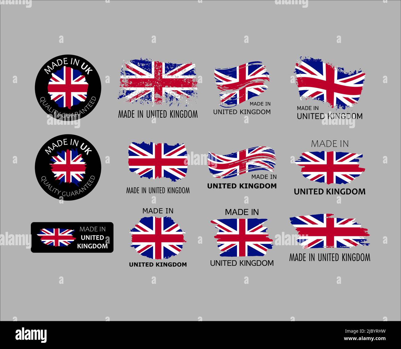 Aufkleberset. Hergestellt in Großbritannien. Pinselstriche mit britischer Flagge. Fabrik-, Fertigungs- und Produktionslandkonzept. Designelement Stock Vektor