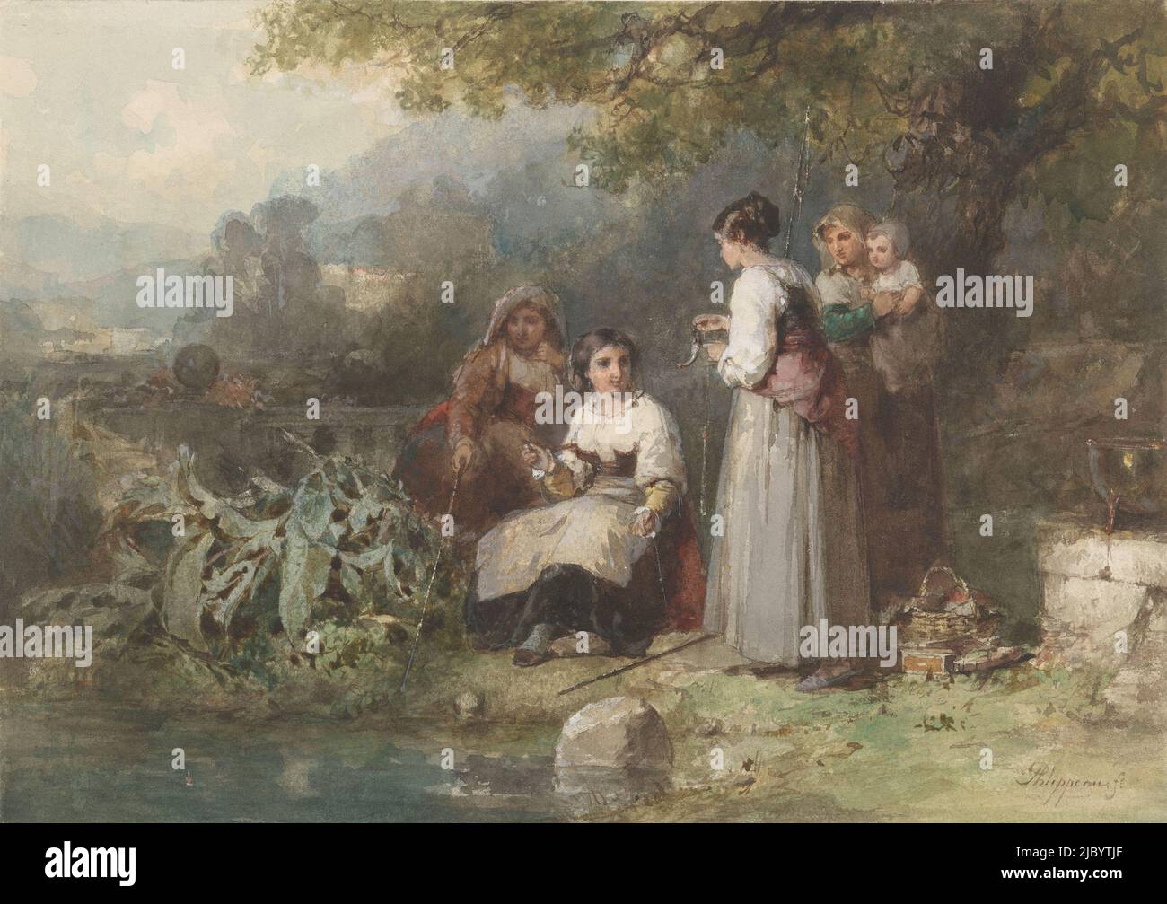 Angelgruppe der italienischen Frauen, Charles French Philippeau, 1835 - 1897, Zeichner: Karel Frans Philippeau, 1835 - 1897, Papier, Pinsel, H 247 mm × B 350 mm Stockfoto