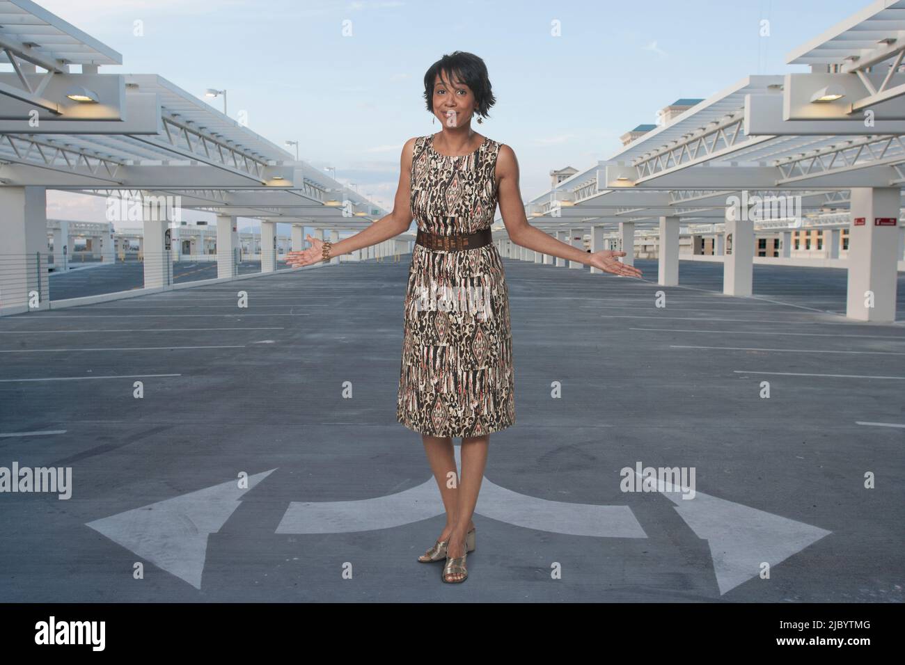 Afrikanische amerikanische Geschäftsfrau steht am Scheideweg Stockfoto