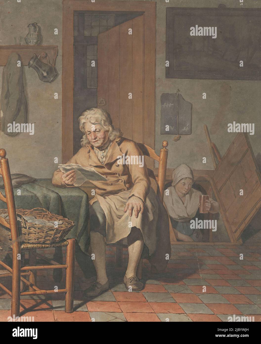 Interieur mit Männerlesung, Pieter Christoffel Wonder, 1790 - 1852, Interieur mit Männerlesung am Tisch. Rechts taucht eine Frau mit einem Becher aus einer Kellerluke auf., Zeichner: Pieter Christoffel Wonder, , Niederlande, 1790 - 1852, Papier, Stift, Bürste, H 392 mm × B 320 mm Stockfoto