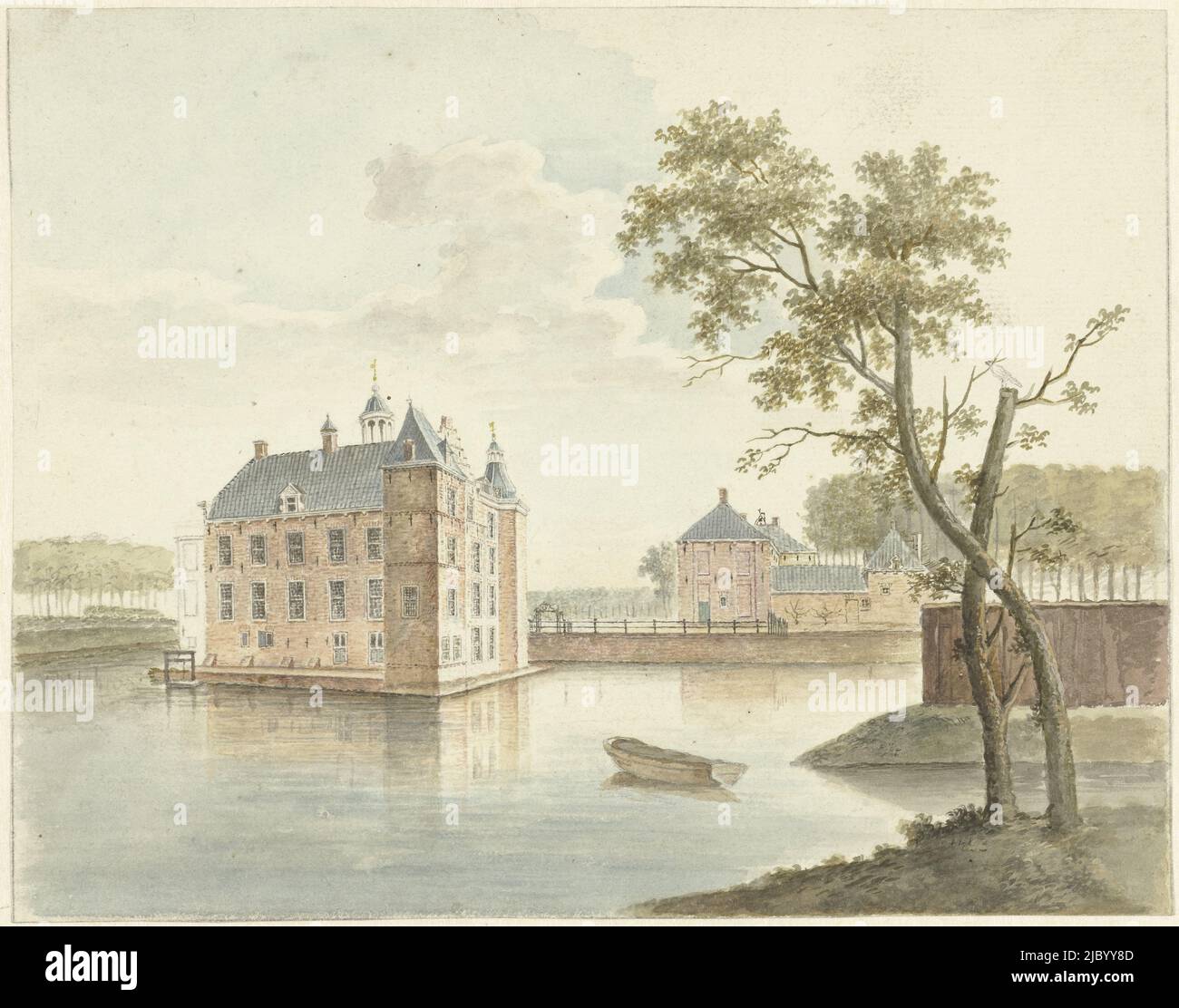 Blick auf unbekannte Burg, Johan Antonie Kaldenbach, 1770 - 1818, lange Zeit dachte man, dass es sich um die Cannenburgh in Vaassen handelte. Nicht nur die Anzahl der Türme, sondern auch die Brücke und die Gebäude zeigen deutlich, dass es sich um ein anderes Schloss handelt., Zeichner: Johan Antonie Kaldenbach, 1770 - 1818, Papier, Pinsel, Stift, H 191 mm × B 245 mm Stockfoto