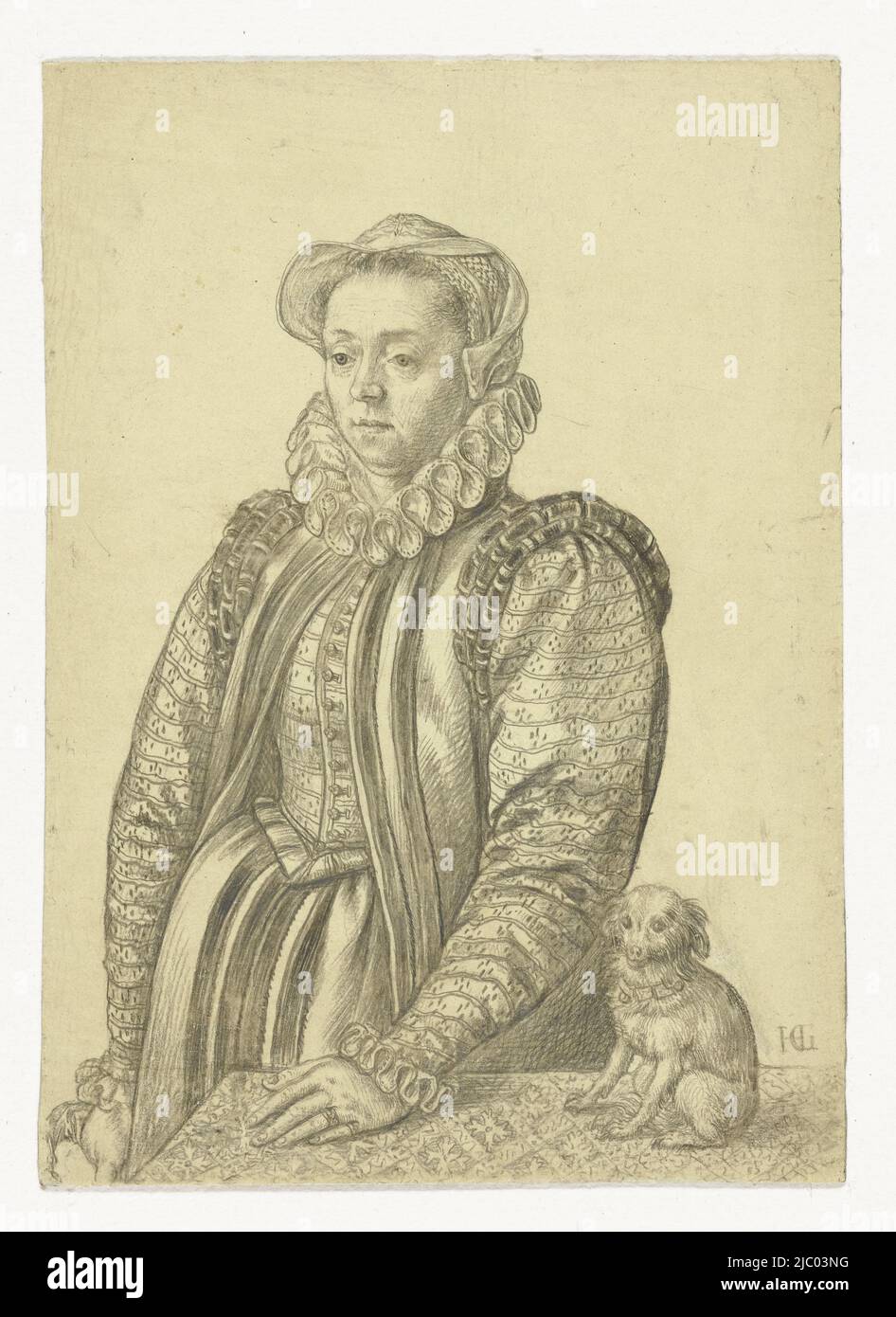 Porträt einer vornehmen Frau, Hendrick Goltzius, 1581 - 1591, in Halbsubstanz, stehend neben einem Tisch, auf dem ihre linke Hand ruht. Auf der rechten Seite des Tisches ein Lapdog. Die Dame trägt ein Kostüm mit bombastischen konstuzierten Ärmeln über einer bestickten Jacke, einem kleinen Hut auf dem Kopf, einem Stehkragen und Handschuhen in der rechten Hand., Zeichner: Hendrick Goltzius, 1581 - 1591, vorbereitetes Papier, H 88 mm × B 63 mm Stockfoto
