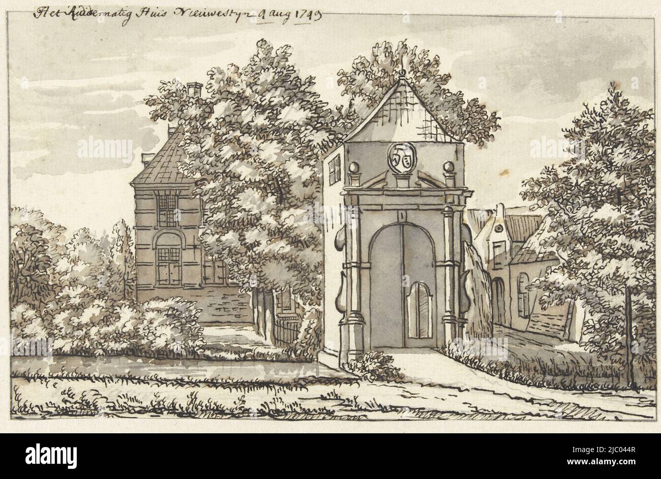 Das Ritterhaus Nieuwestijn, Jacob van Liender, 1749, Haus Nijenstein, Gemeinde Vianen., Zeichner: Jacob van Liender, Zeichner: Pieter Jan van Liender, 9-Aug-1749, Papier, Stift, Pinsel, H 126 mm × B 201 mm Stockfoto